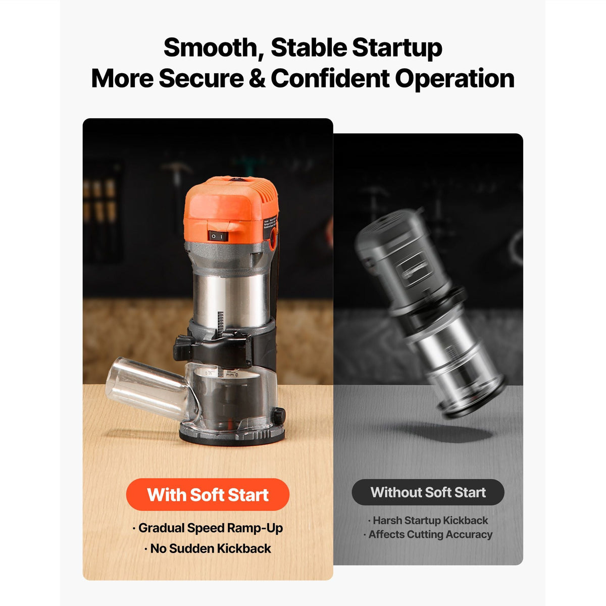 Wood Router, 1 HP 710W, Variable Speed Palm Router Tool with Soft Start, Compact Wood Edge Trimmer with Fixed Base & 1/4-Inch Collet, Dust Hood, for Woodworking, Trimming, DIY Projects, Corded