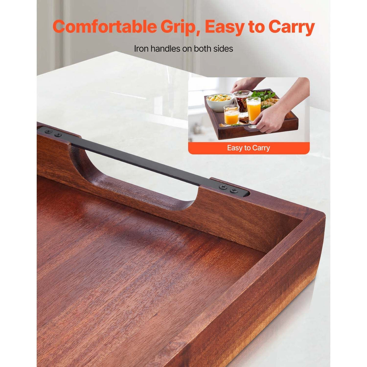Wood Serving Tray, Acacia Wooden Tray Board with Handles, Decorative Rustic Serving Trays Platter, Ideal for Breakfast in Bed, Lunch, Kitchen, Living Room, Ottoman, Coffee Table, Party, Couch