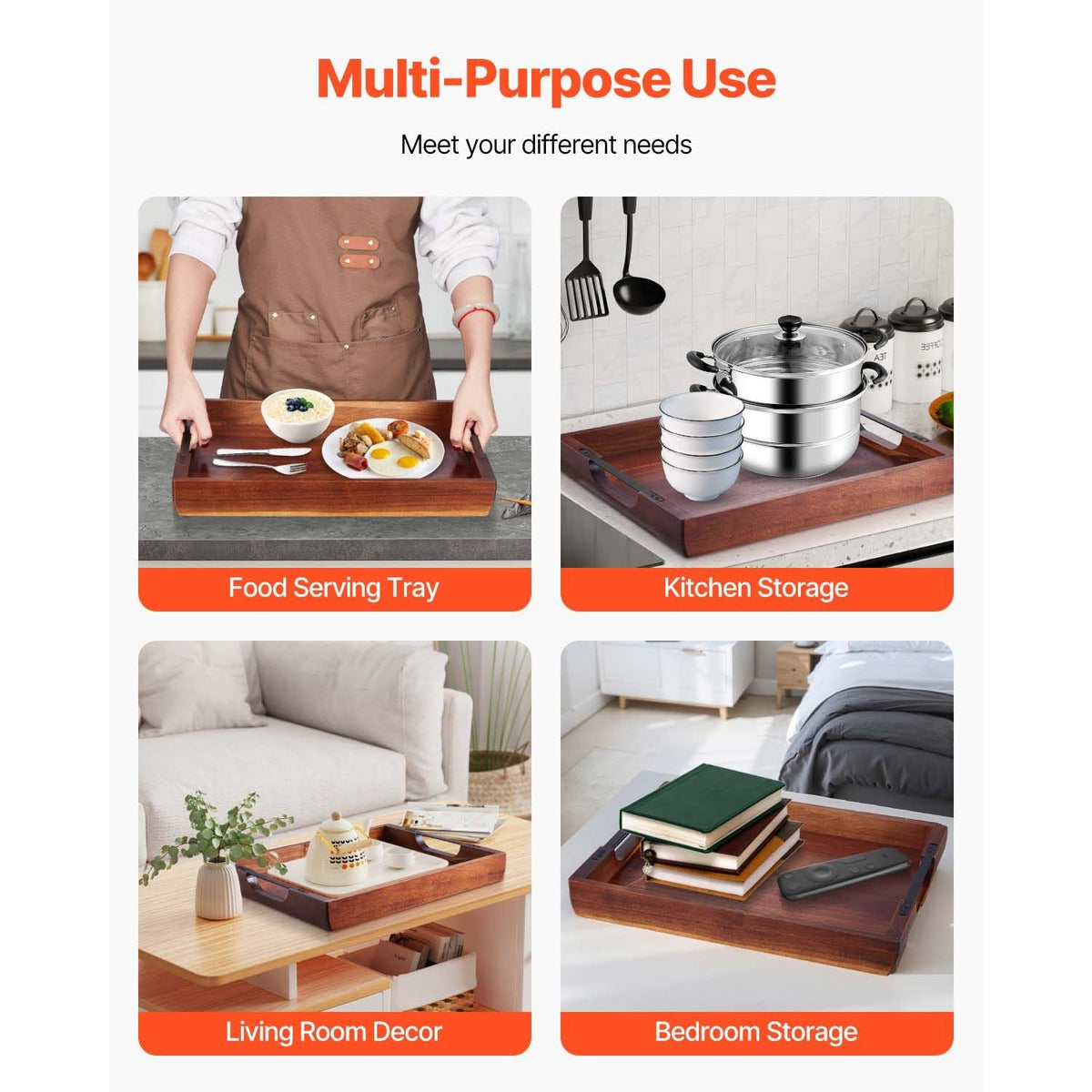 Wood Serving Tray, Acacia Wooden Tray Board with Handles, Decorative Rustic Serving Trays Platter, Ideal for Breakfast in Bed, Lunch, Kitchen, Living Room, Ottoman, Coffee Table, Party, Couch