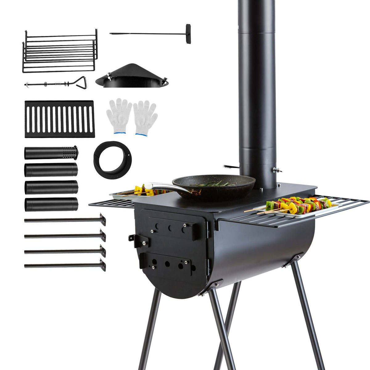 Wood Stove, 118 inch, Alloy Steel Camping Tent Stove, Portable Wood Burning Stove with Chimney Pipes & Gloves, 3000in³Firebox Hot Tent Stove for Outdoor Cooking and Heating with 8 Pipes
