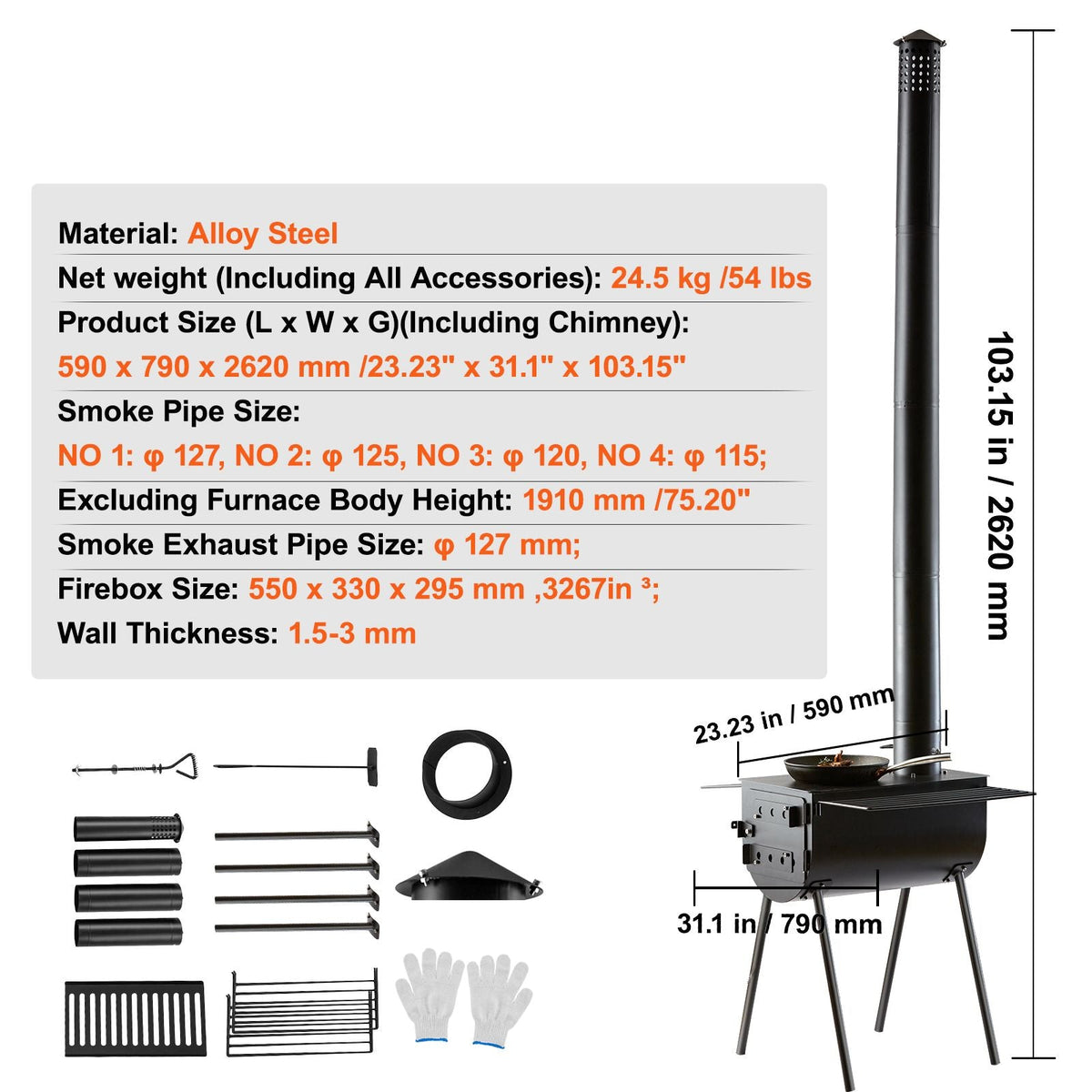 Wood Stove, 118 inch, Alloy Steel Camping Tent Stove, Portable Wood Burning Stove with Chimney Pipes & Gloves, 3000in³Firebox Hot Tent Stove for Outdoor Cooking and Heating with 8 Pipes