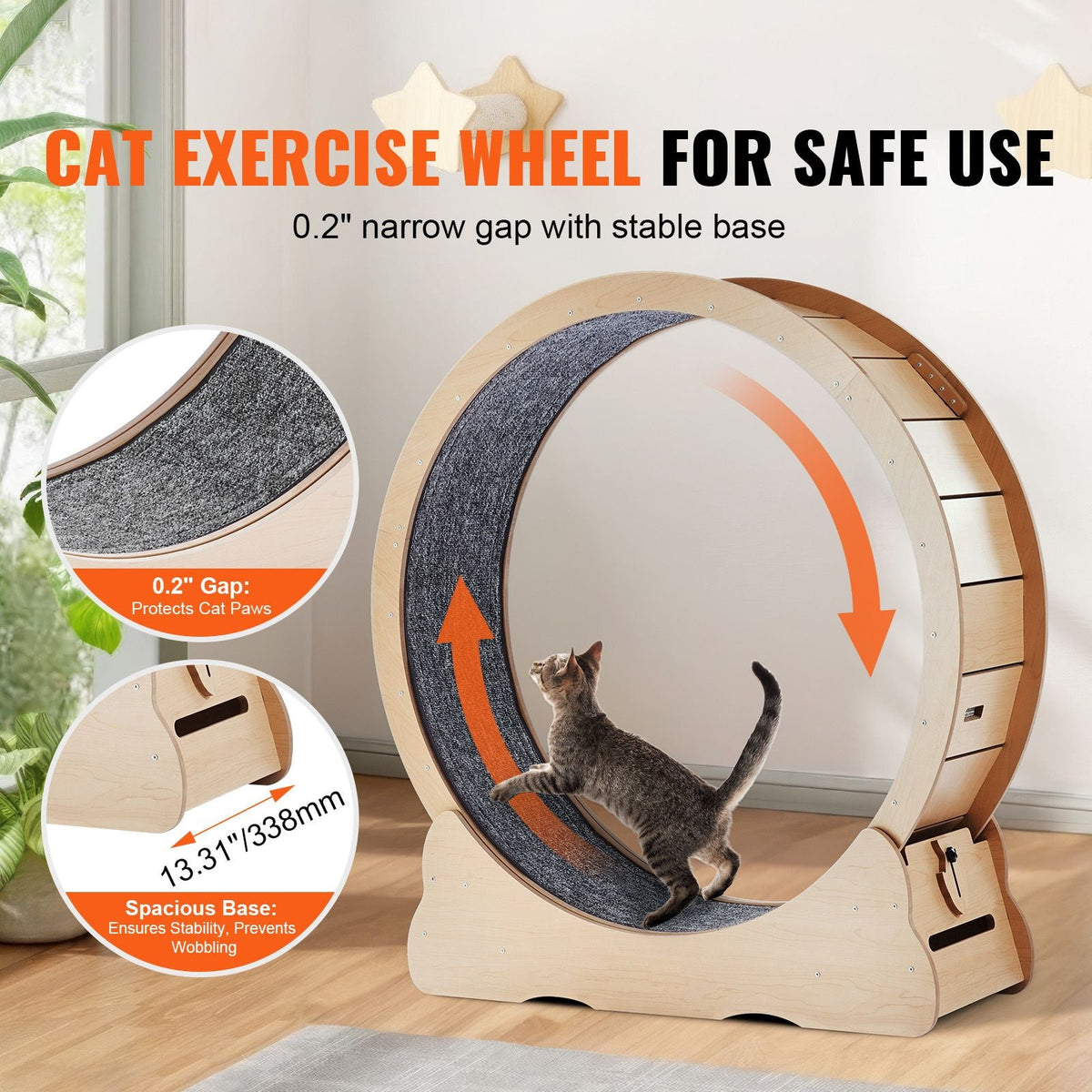 Wooden Cat Exercise Wheel, 43.3" Large Cat Treadmill Wheel for Indoor Cats, Cat Running Wheel with Detachable Carpet & Cat Teaser for Running/Walking/Training, Suitable for Most Cats Yellow