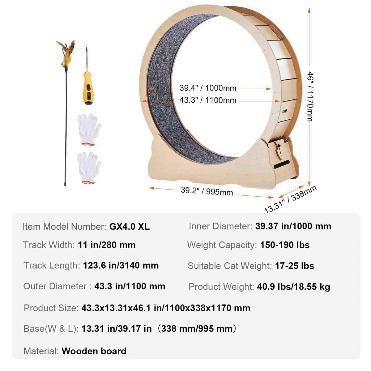 Wooden Cat Exercise Wheel, 43.3" Large Cat Treadmill Wheel for Indoor Cats, Cat Running Wheel with Detachable Carpet & Cat Teaser for Running/Walking/Training, Suitable for Most Cats Yellow