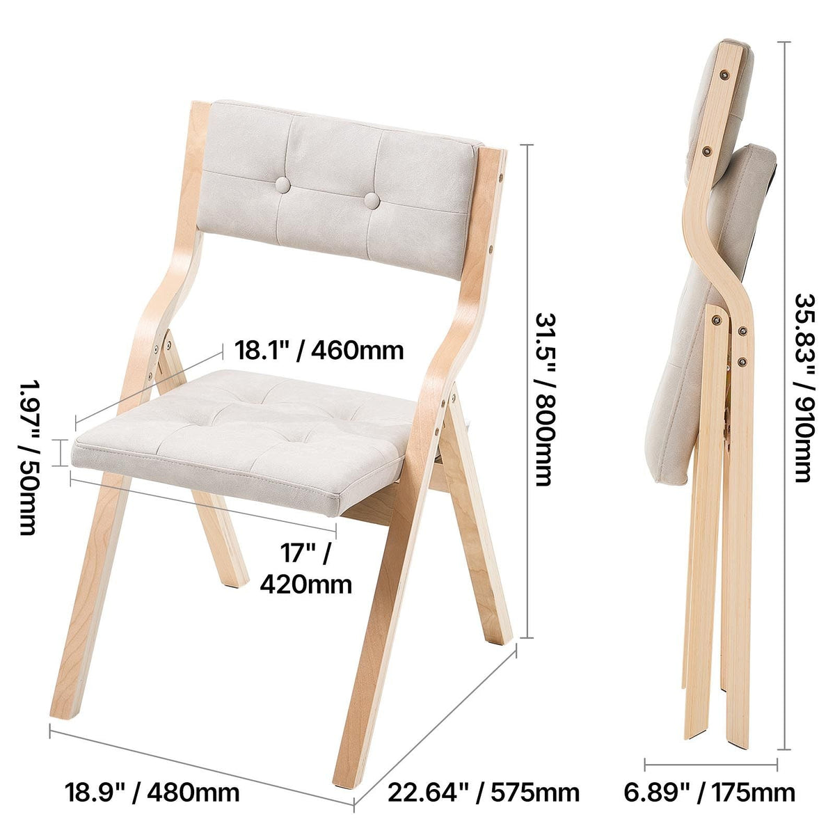 Wooden Folding Chairs with Cushion, Set of 4, Portable Foldable Cushion Chair with Wooden Frame, Modern Padded Dining Chair for Kitchen, Office, Wedding, Party, Dining Room, Easy Assembly, Beige