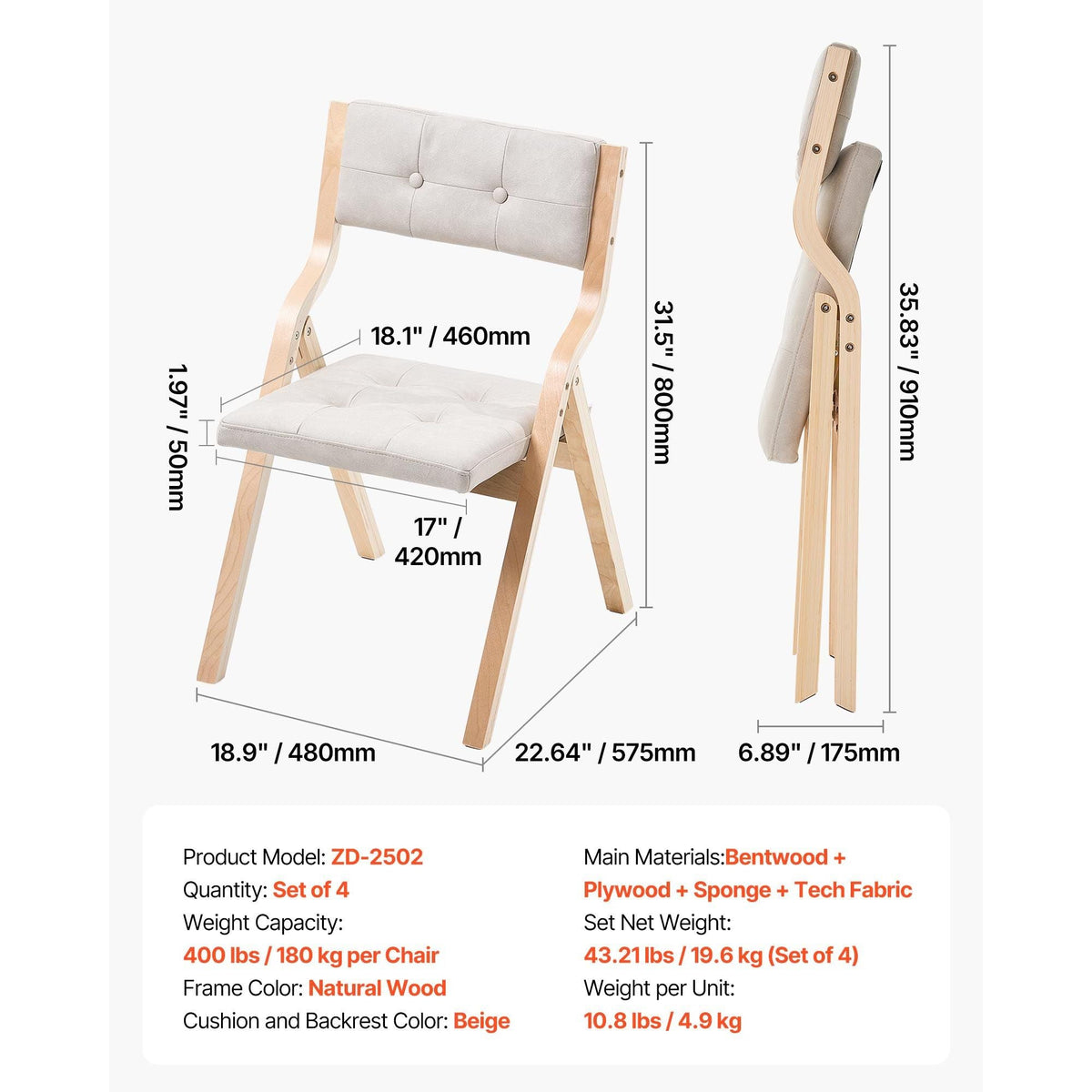 Wooden Folding Chairs with Cushion, Set of 4, Portable Foldable Cushion Chair with Wooden Frame, Modern Padded Dining Chair for Kitchen, Office, Wedding, Party, Dining Room, Easy Assembly, Beige