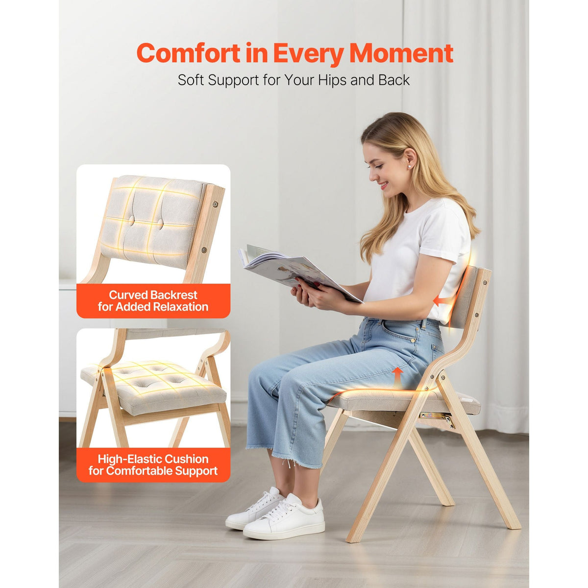 Wooden Folding Chairs with Cushion, Set of 4, Portable Foldable Cushion Chair with Wooden Frame, Modern Padded Dining Chair for Kitchen, Office, Wedding, Party, Dining Room, Easy Assembly, Beige
