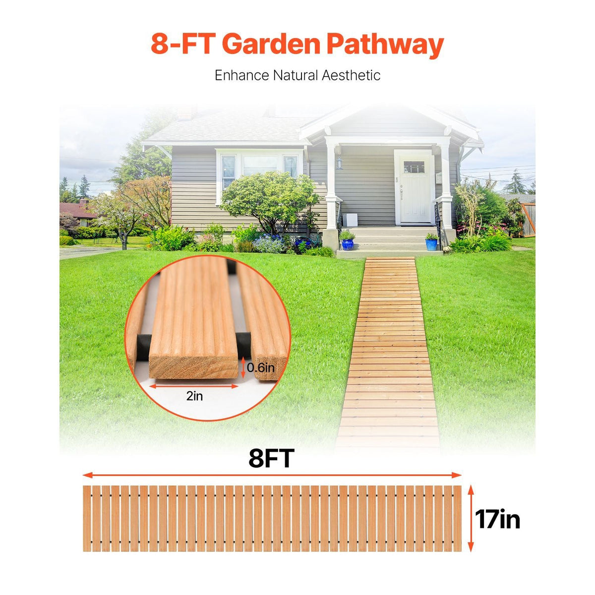 Wooden Garden Pathway, 8 ft L x 17 in W, Non-Slip Straight Garden Walkway, Roll Out Cedar Outdoor Walkway Path with Wire Rope Connection, Decorative Garden Paver for Backyard Wedding Party