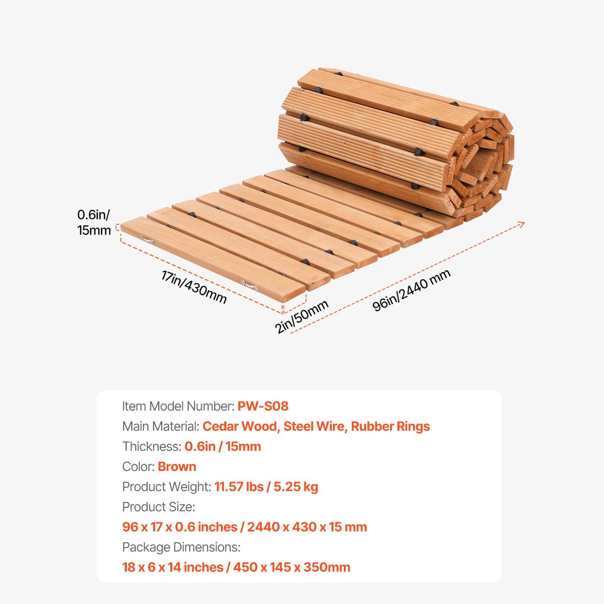 Wooden Garden Pathway, 8 ft L x 17 in W, Non-Slip Straight Garden Walkway, Roll Out Cedar Outdoor Walkway Path with Wire Rope Connection, Decorative Garden Paver for Backyard Wedding Party