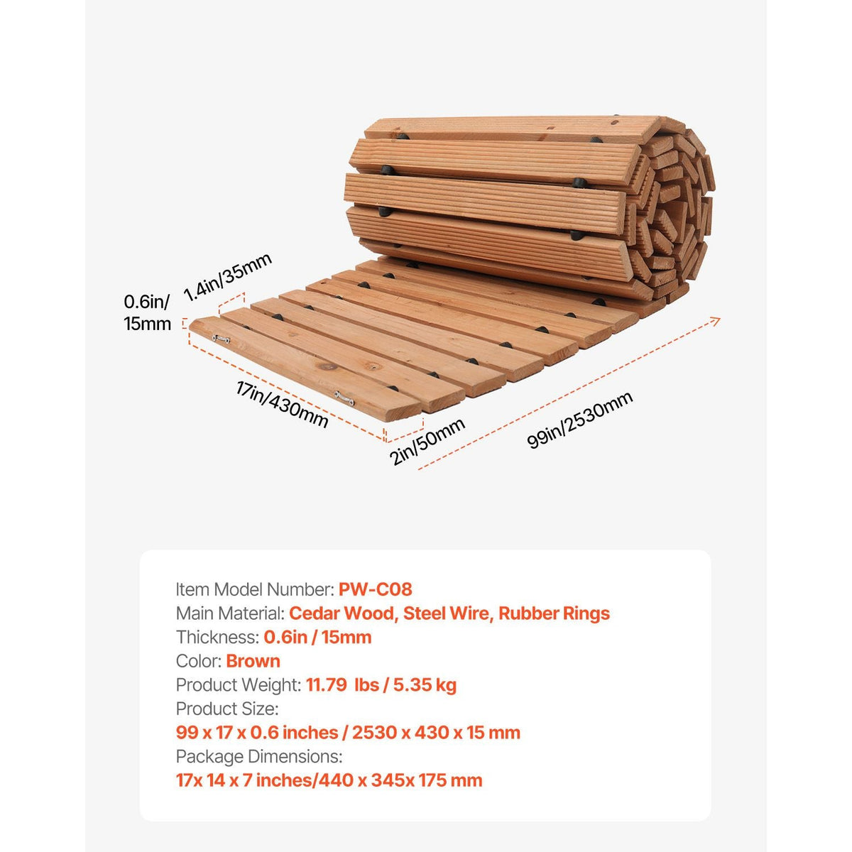 Wooden Garden Pathway, 8 ft x 17 in, Non-Slip Curved Garden Walkway, Roll Out Cedar Outdoor Walkway Path with Wire Rope Connection, Decorative Lawn Paver for Backyard Boardwalk Wedding Party