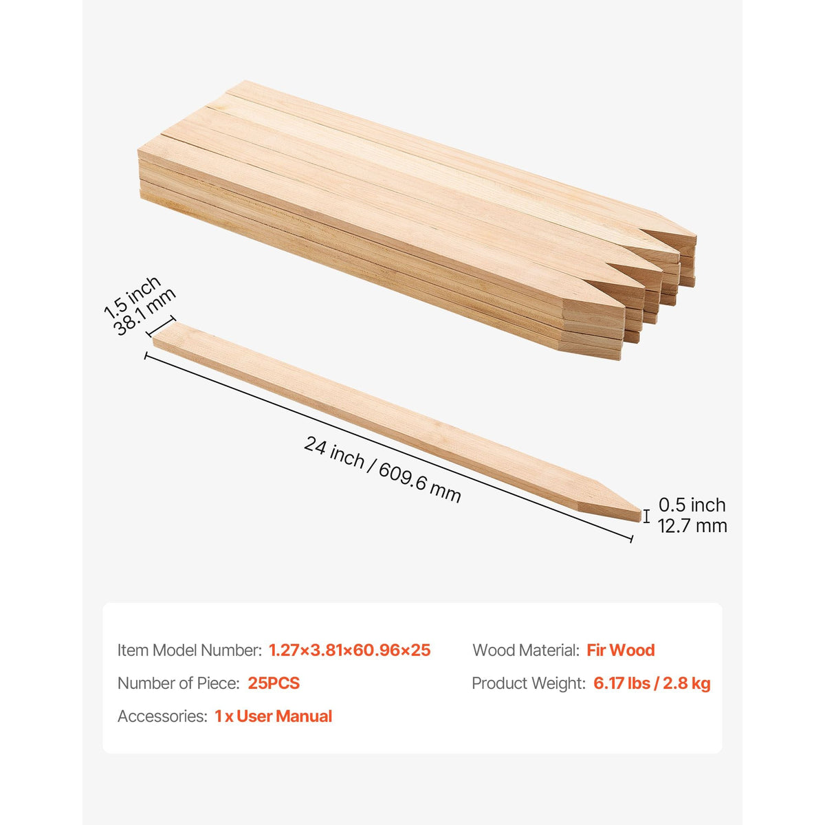 Wooden Garden Stakes, 25 Pcs 24 x 0.5 x1.5 in Survey Grading Stakes, Garden Ground Stake with Sharp Point, Fir Wood Plant Support Stake, Sign Posts for Silt Fence Backyard Boundaries Baselines