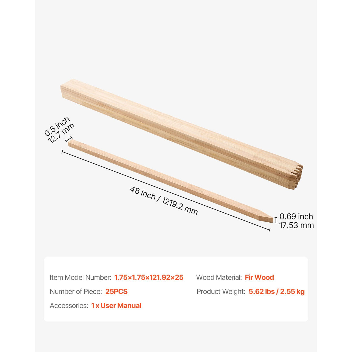 Wooden Garden Stakes, 25 Pcs 48x0.5x0.69 in Survey Grading Stakes, Garden Ground Stake with Sharp Point, Fir Wood Plant Support Stake, Sign Posts for Silt Fence Backyard Boundaries Baselines