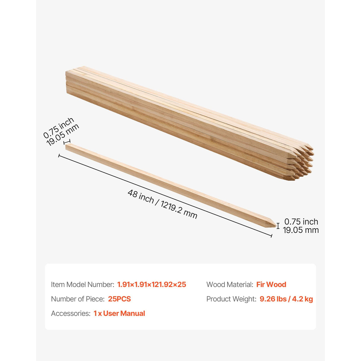 Wooden Garden Stakes, 25 Pcs 48x0.75x0.75 in Survey Grading Stakes, Garden Ground Stake with Sharp Point, Fir Wood Plant Support Stake, Sign Posts for Silt Fence Backyard Boundaries Baselines