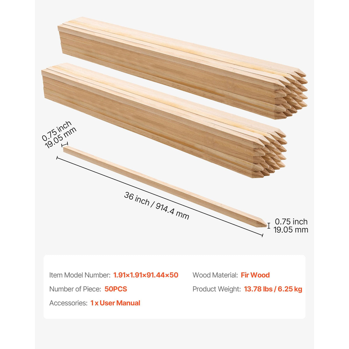 Wooden Garden Stakes, 50 Pcs 36x0.75x0.75 in Survey Grading Stakes, Garden Ground Stake with Sharp Point, Fir Wood Plant Support Stake, Sign Posts for Silt Fence Backyard Boundaries Baselines
