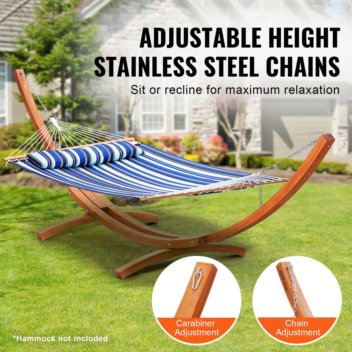 Wooden Hammock Stand, 475 lbs Capacity Universal 2 Person Hammock Frame Fits 9-13 ft Hammocks, Larch Wood Arc Adjustable Stand for Hammock with Chain and Carabiner, for Outdoor and Indoor