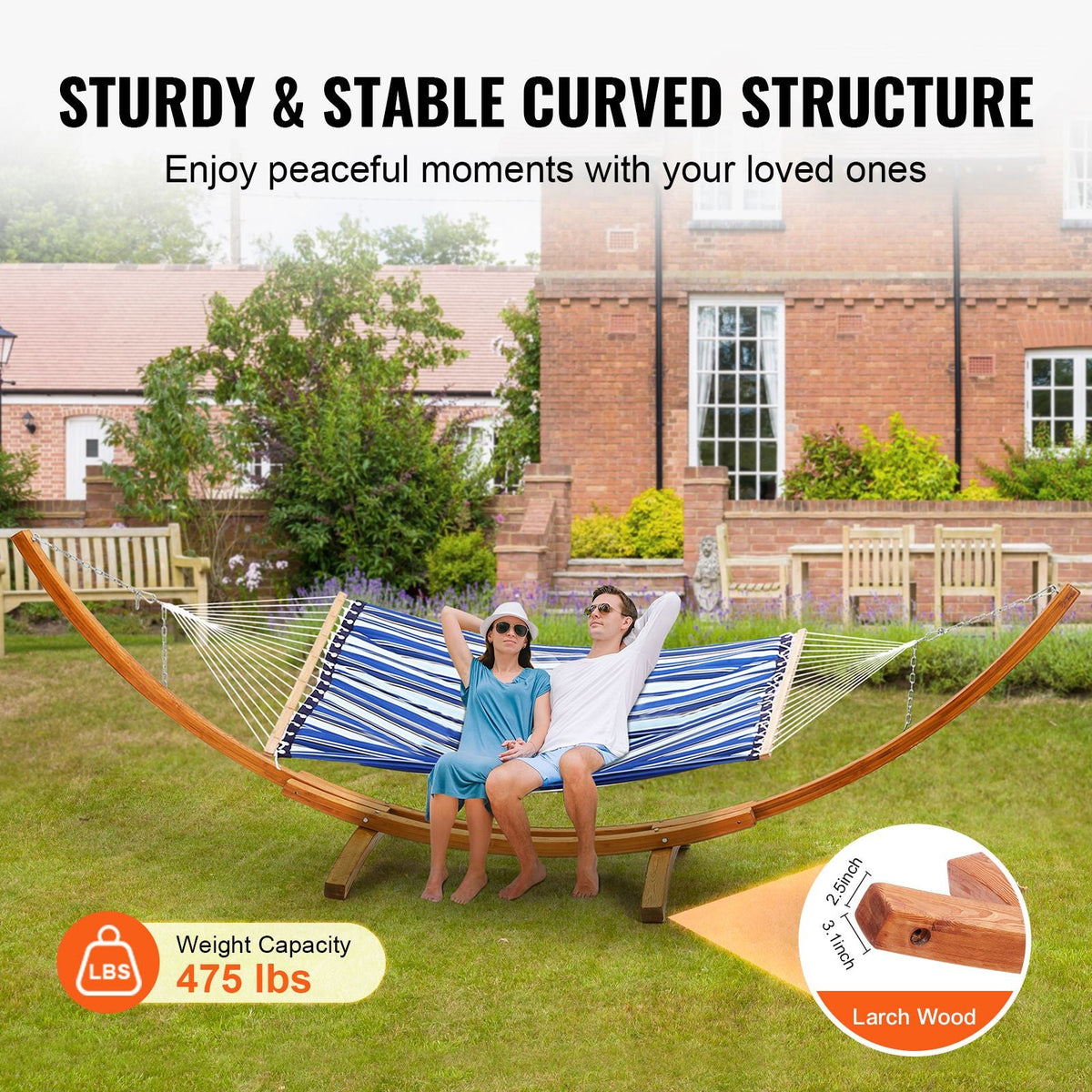 Wooden Hammock Stand, 475 lbs Capacity Universal 2 Person Hammock Frame Fits 9-13 ft Hammocks, Larch Wood Arc Adjustable Stand for Hammock with Chain and Carabiner, for Outdoor and Indoor