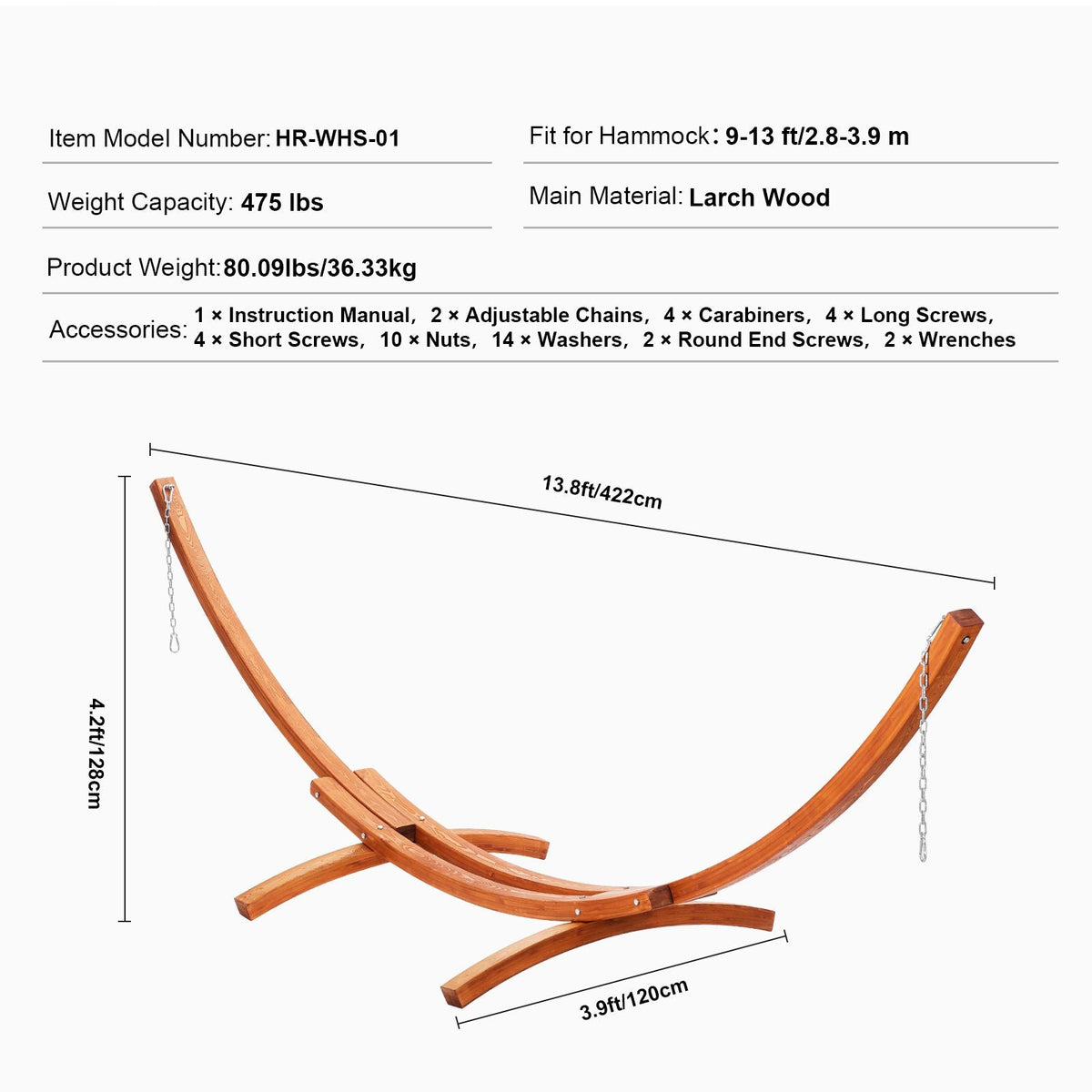 Wooden Hammock Stand, 475 lbs Capacity Universal 2 Person Hammock Frame Fits 9-13 ft Hammocks, Larch Wood Arc Adjustable Stand for Hammock with Chain and Carabiner, for Outdoor and Indoor