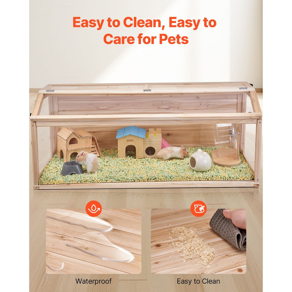 Wooden Hamster Cage, 270° Viewing Hamster Habitat, 48 x 20 x 20in, Dwarf Hamster Cages with Openable Top, Ventilated Small Animal Cage, Pet Mouse Cage for Gerbils, Rats, Guinea Pigs, Mice