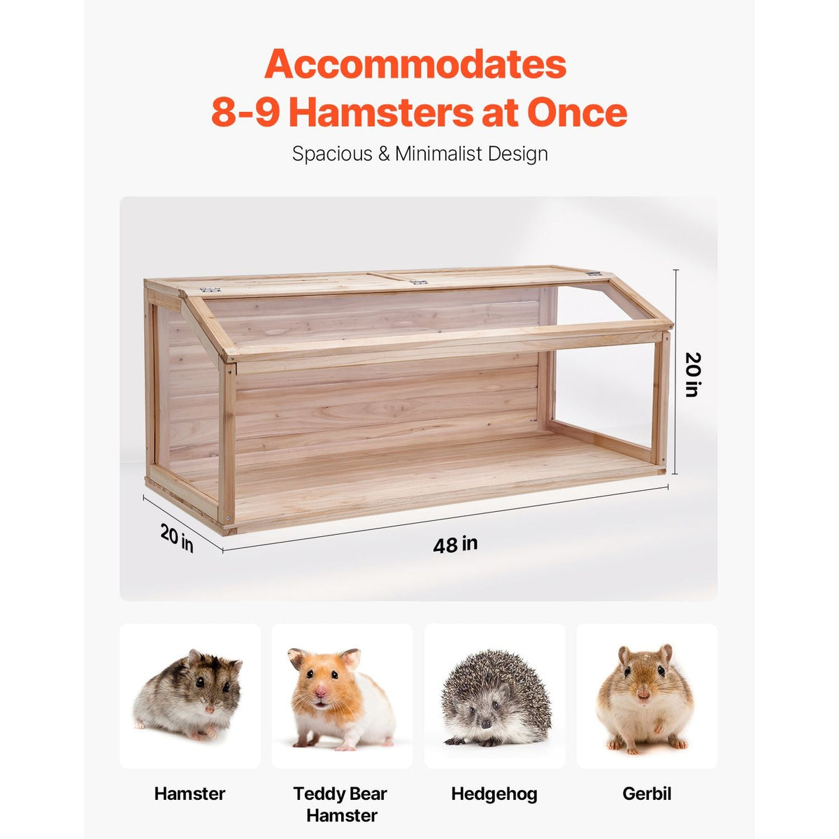 Wooden Hamster Cage, 270° Viewing Hamster Habitat, 48 x 20 x 20in, Dwarf Hamster Cages with Openable Top, Ventilated Small Animal Cage, Pet Mouse Cage for Gerbils, Rats, Guinea Pigs, Mice