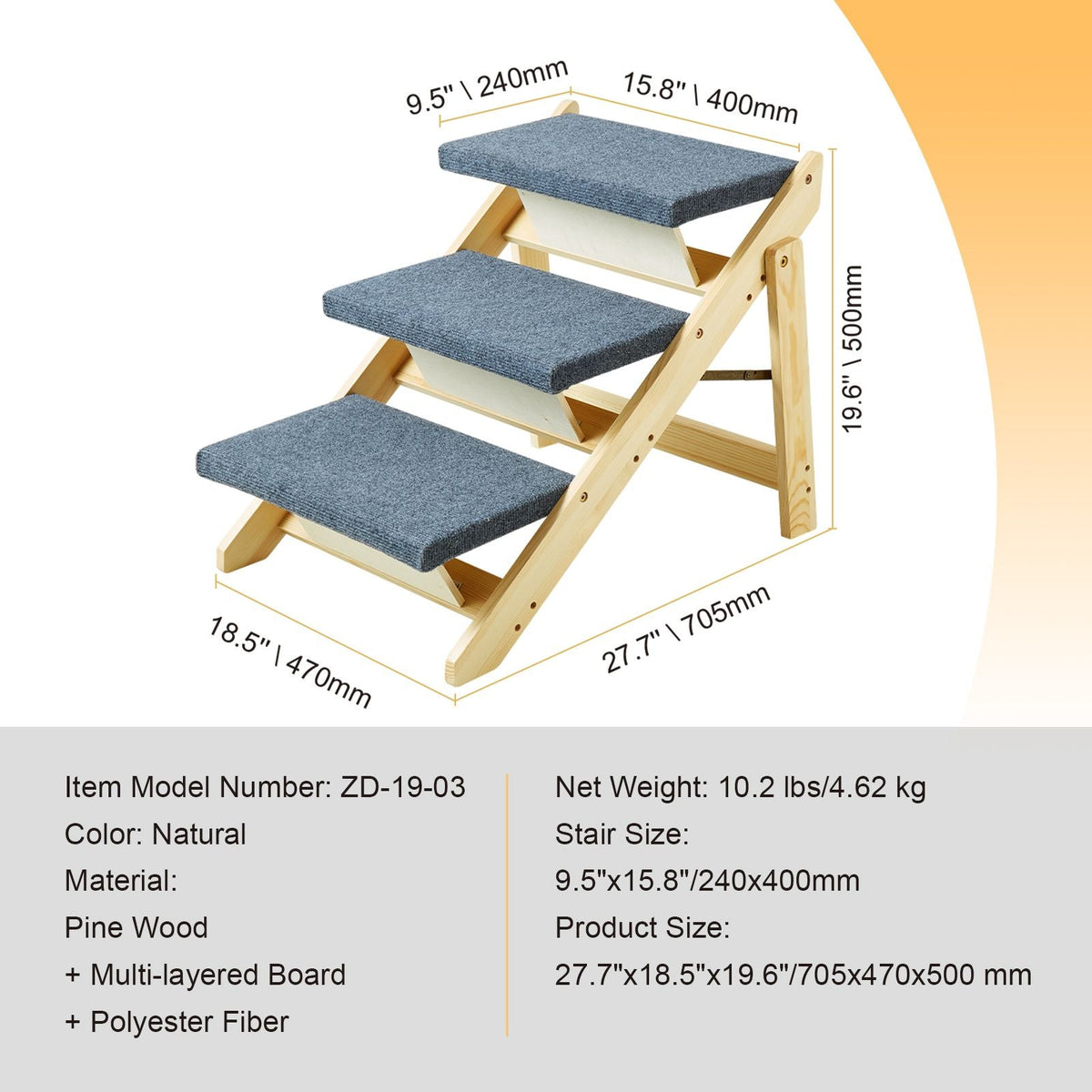 Wooden Pet Steps, Convertible 2-in-1 Dog Staircase & Ramp for Access to Beds, Sofas, and Vehicles, Three-Step Design Supports Pets up to 150 lbs, Ideal for Small to Large Breeds
