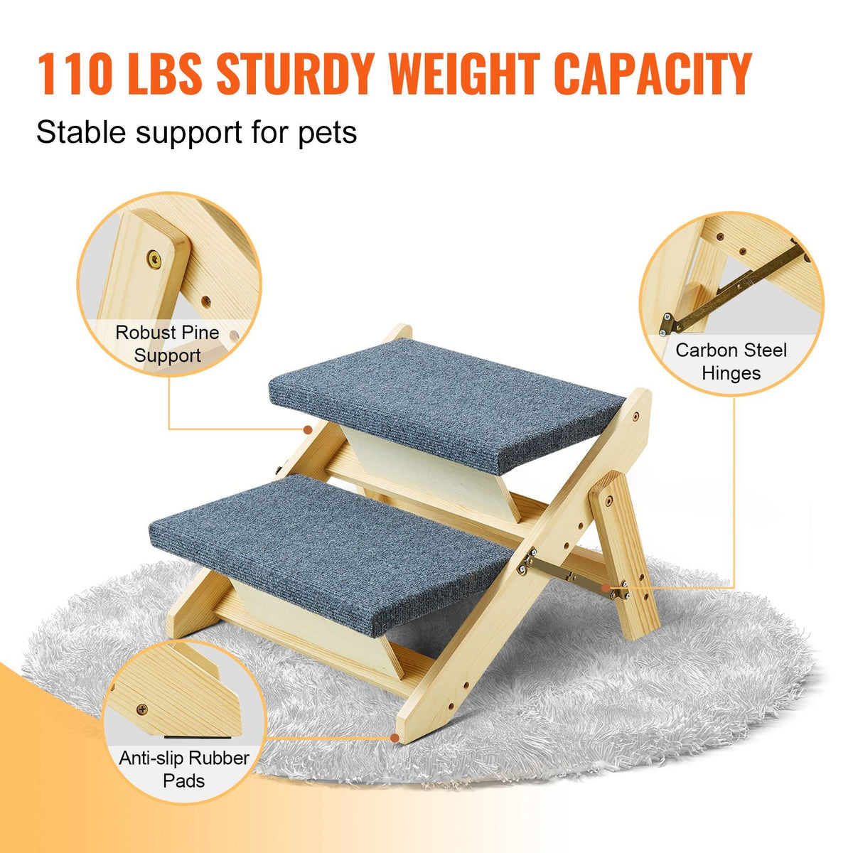 Wooden Pet Steps, Convertible 2-in-1 Dog Stairs and Ramp for Beds, Sofas, and Vehicles, Supports Small to Large Animals up to 110 lbs, Foldable Design for Easy Storage