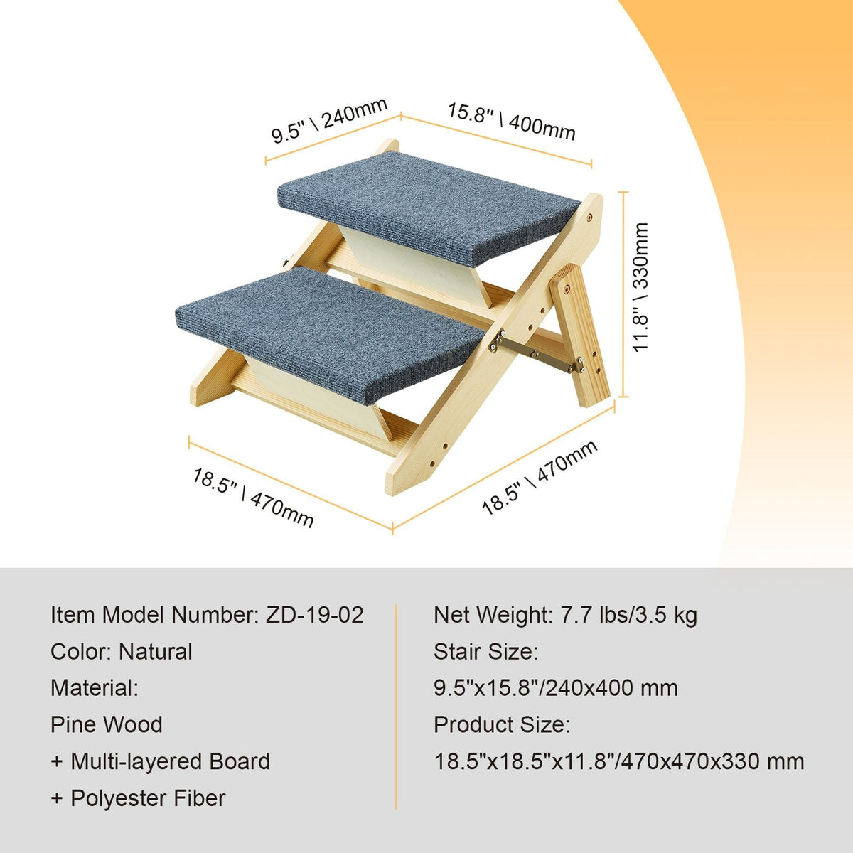 Wooden Pet Steps, Convertible 2-in-1 Dog Stairs and Ramp for Beds, Sofas, and Vehicles, Supports Small to Large Animals up to 110 lbs, Foldable Design for Easy Storage