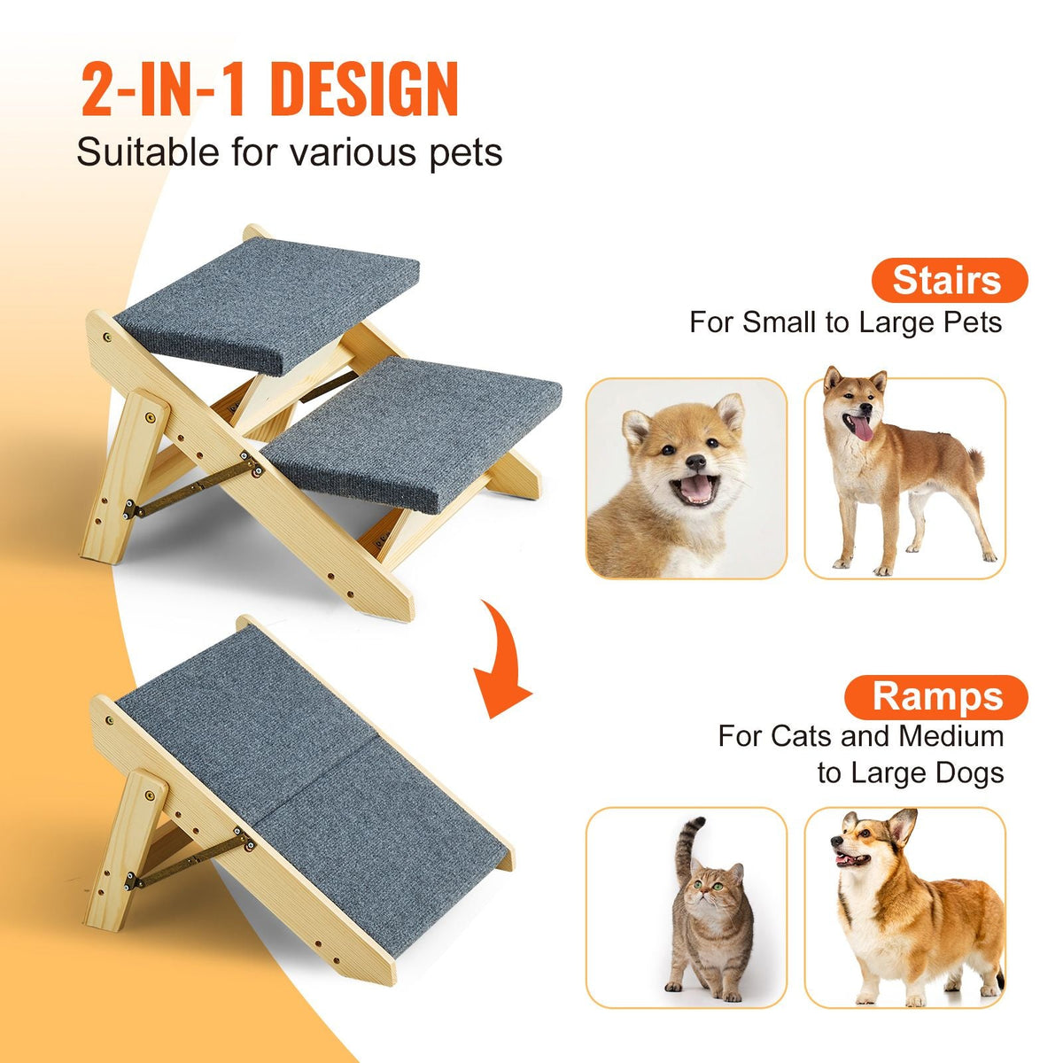 Wooden Pet Steps, Convertible 2-in-1 Dog Stairs and Ramp for Beds, Sofas, and Vehicles, Supports Small to Large Animals up to 110 lbs, Foldable Design for Easy Storage