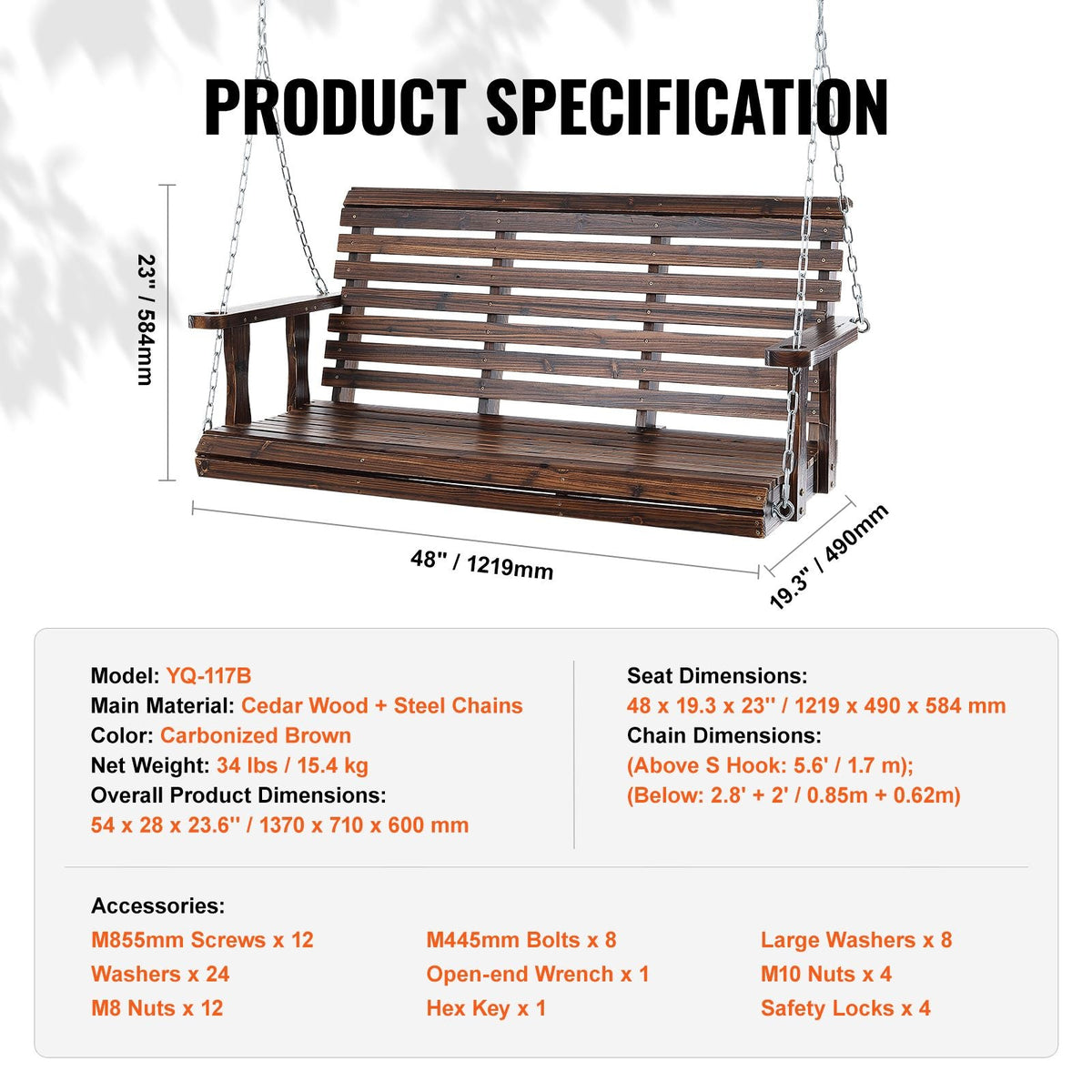 Wooden Porch Swing 4.5 ft, Patio bench swing for Courtyard & Garden, Upgraded 880 lbs Strong Load Capacity, Heavy Duty Swing Chair Bench with Hanging Chains for Outdoors, Carbonized Brown