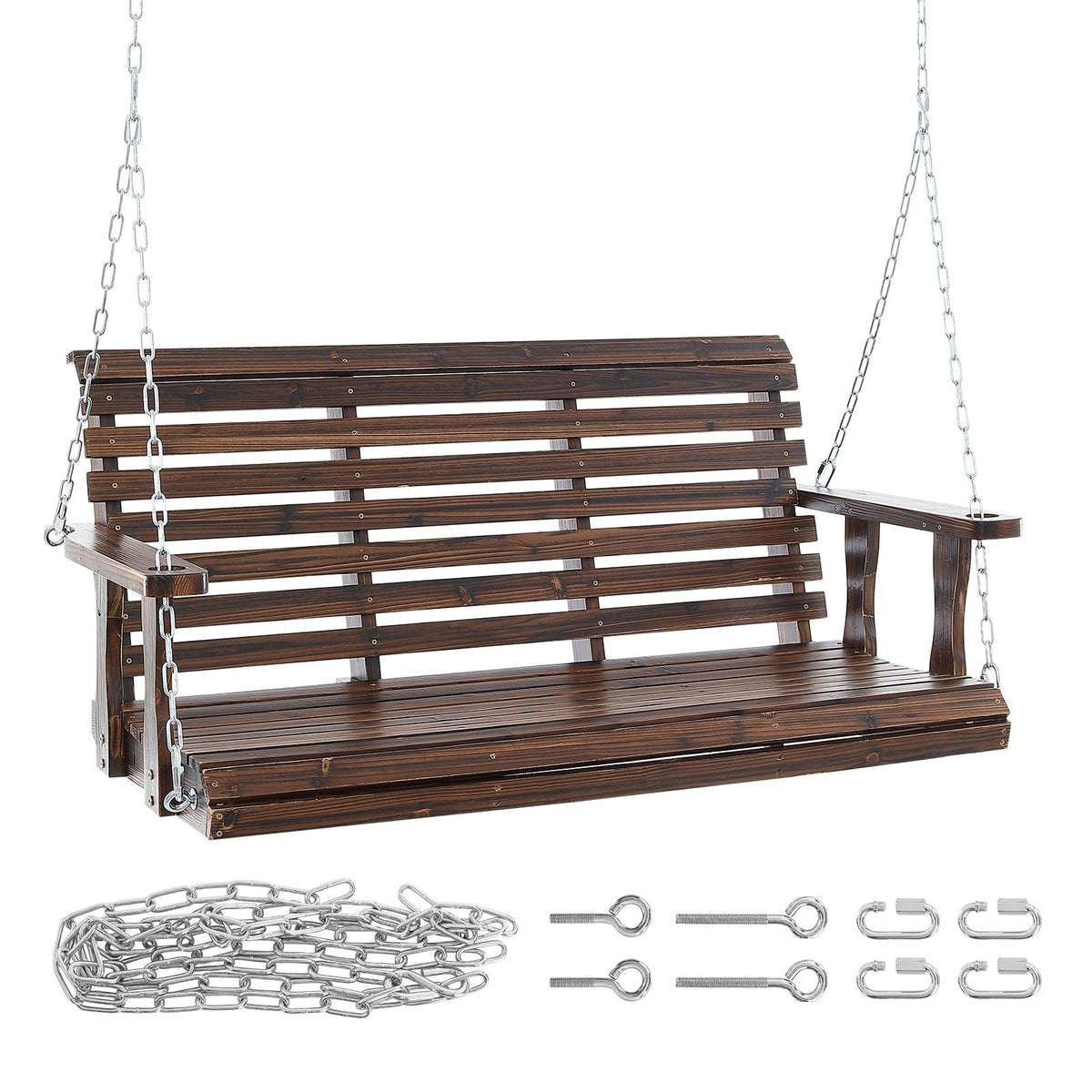 Wooden Porch Swing 4.5 ft, Patio bench swing for Courtyard & Garden, Upgraded 880 lbs Strong Load Capacity, Heavy Duty Swing Chair Bench with Hanging Chains for Outdoors, Carbonized Brown