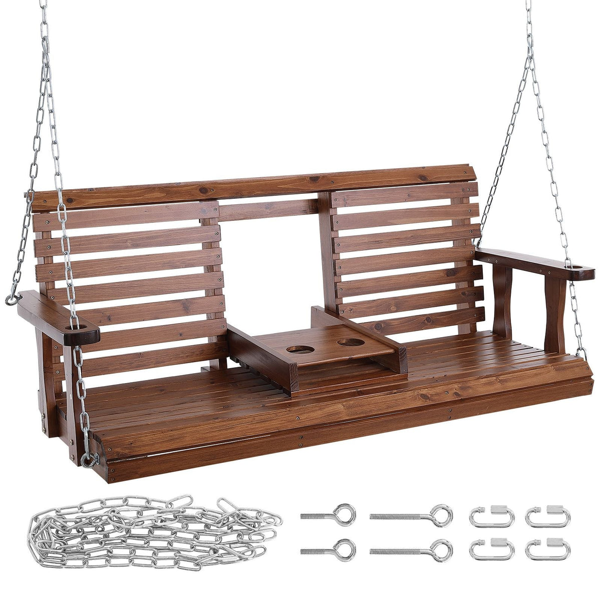 Wooden Porch Swing 5 ft, Patio bench swing for Courtyard & Garden, Upgraded 880 lbs Strong Load Capacity, Heavy Duty Swing Chair Bench with Hanging Chains for Outdoors, Brown