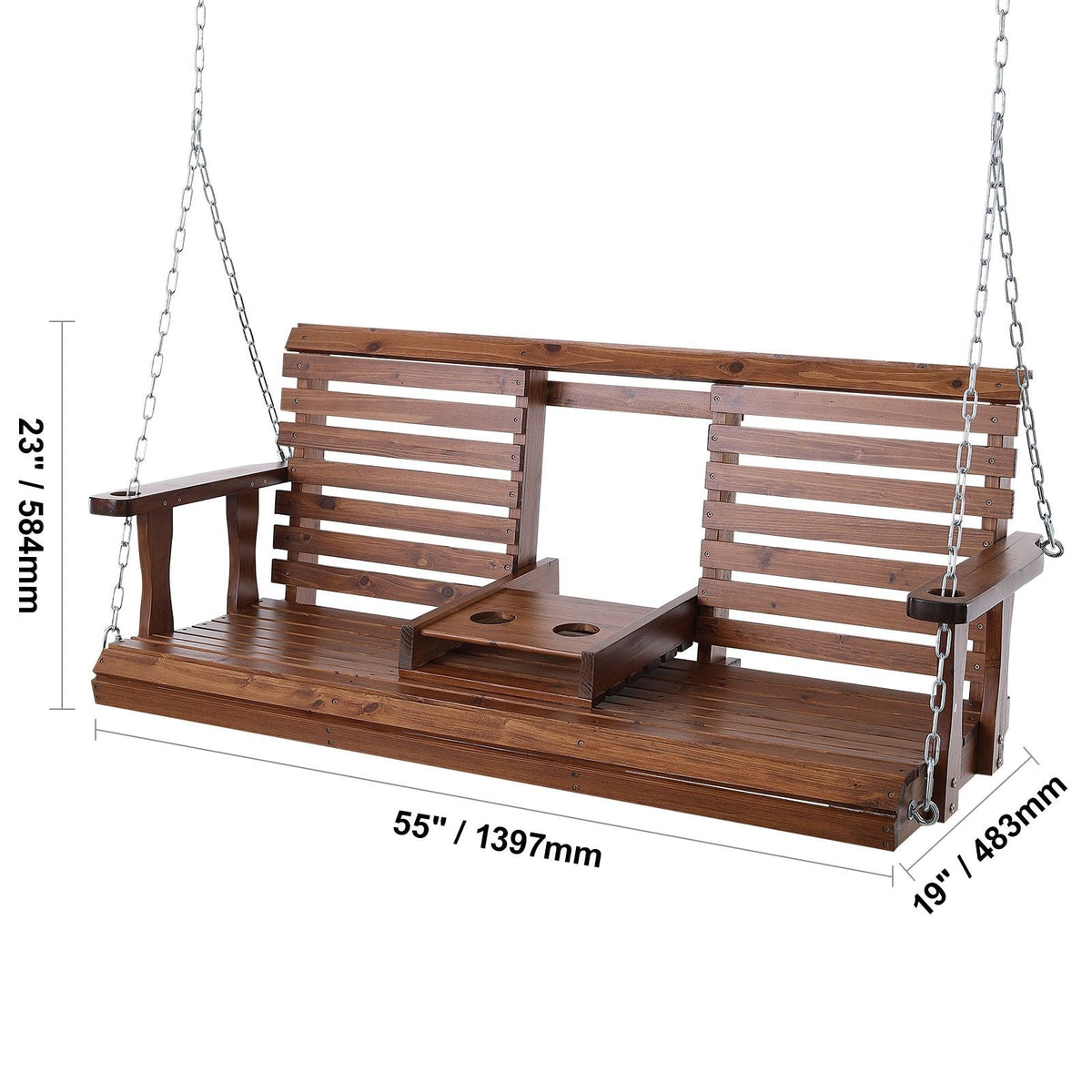 Wooden Porch Swing 5 ft, Patio bench swing for Courtyard & Garden, Upgraded 880 lbs Strong Load Capacity, Heavy Duty Swing Chair Bench with Hanging Chains for Outdoors, Brown