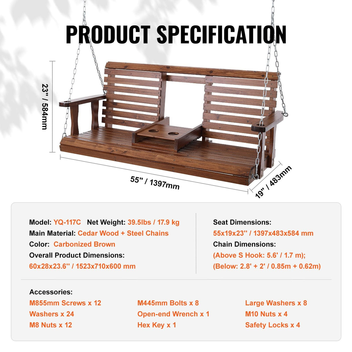 Wooden Porch Swing 5 ft, Patio bench swing for Courtyard & Garden, Upgraded 880 lbs Strong Load Capacity, Heavy Duty Swing Chair Bench with Hanging Chains for Outdoors, Brown