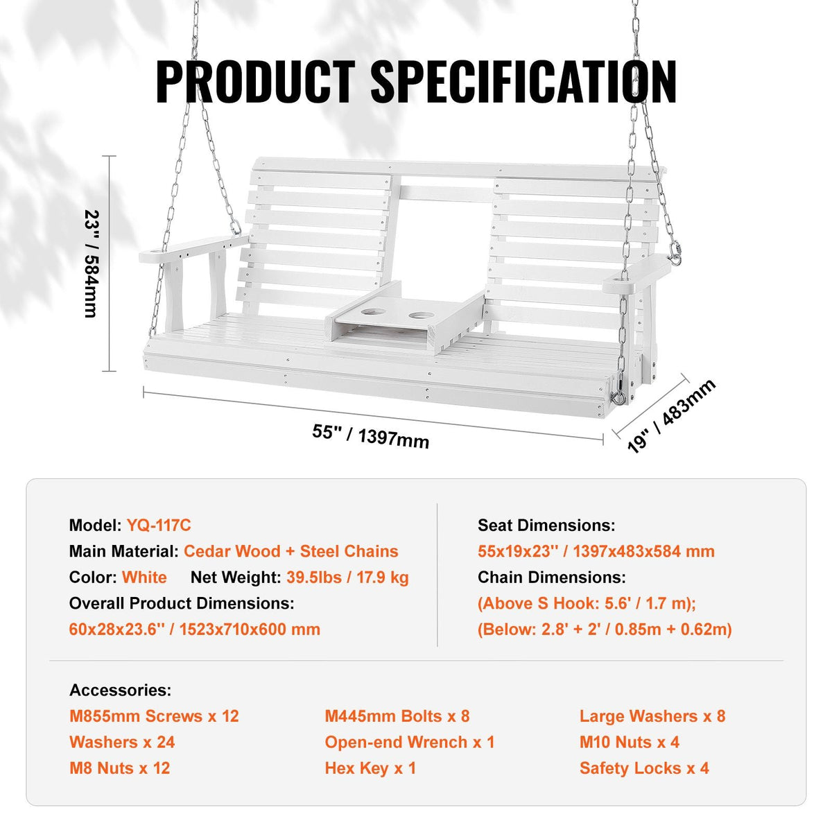 Wooden Porch Swing 5 ft, Patio bench swing for Courtyard & Garden, Upgraded 880 lbs Strong Load Capacity, Heavy Duty Swing Chair Bench with Hanging Chains for Outdoors, White