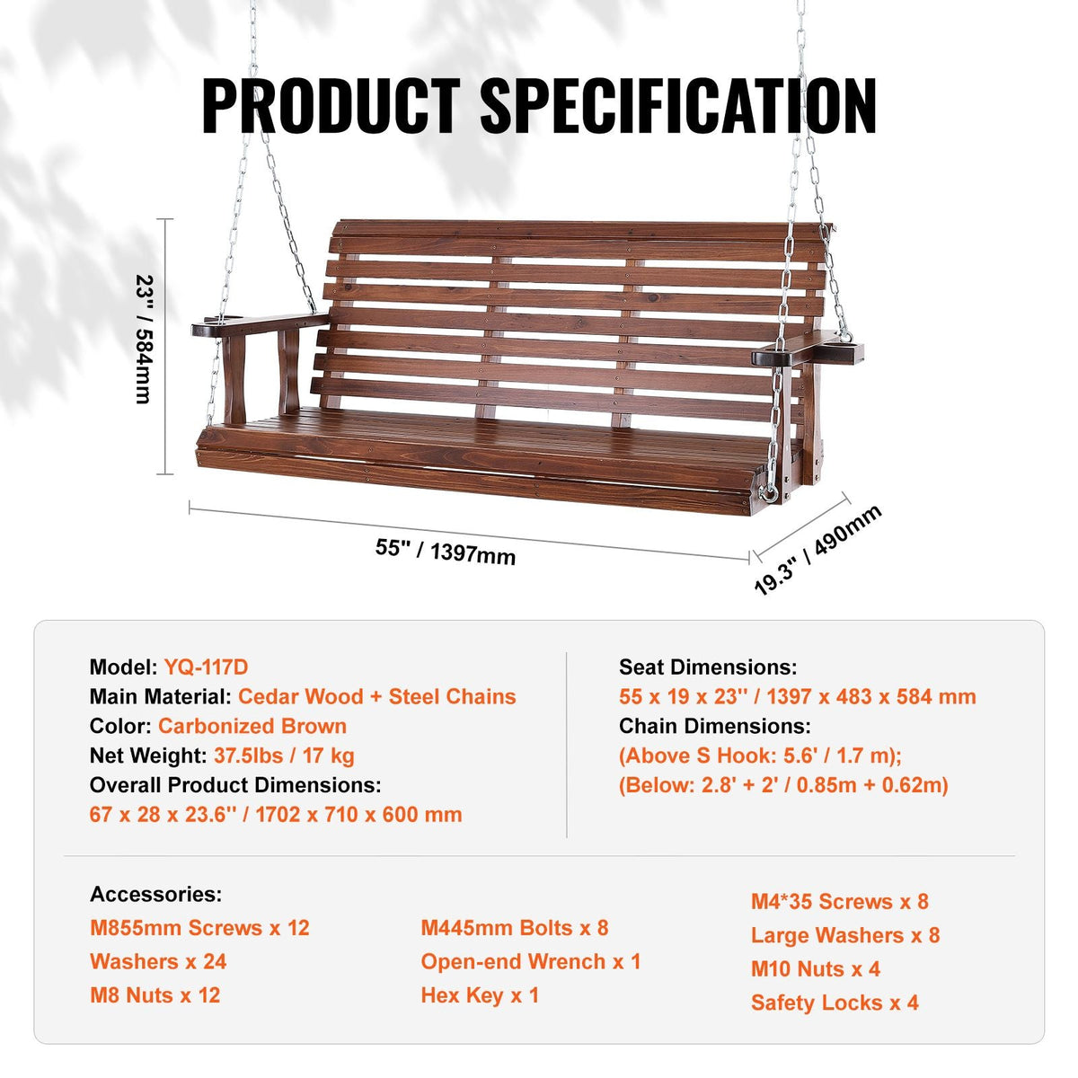 Wooden Porch Swing 5.5 ft, Patio bench swing for Courtyard & Garden, Upgraded 880 lbs Strong Load Capacity, Heavy Duty Swing Chair Bench with Hanging Chains for Outdoors, Brown