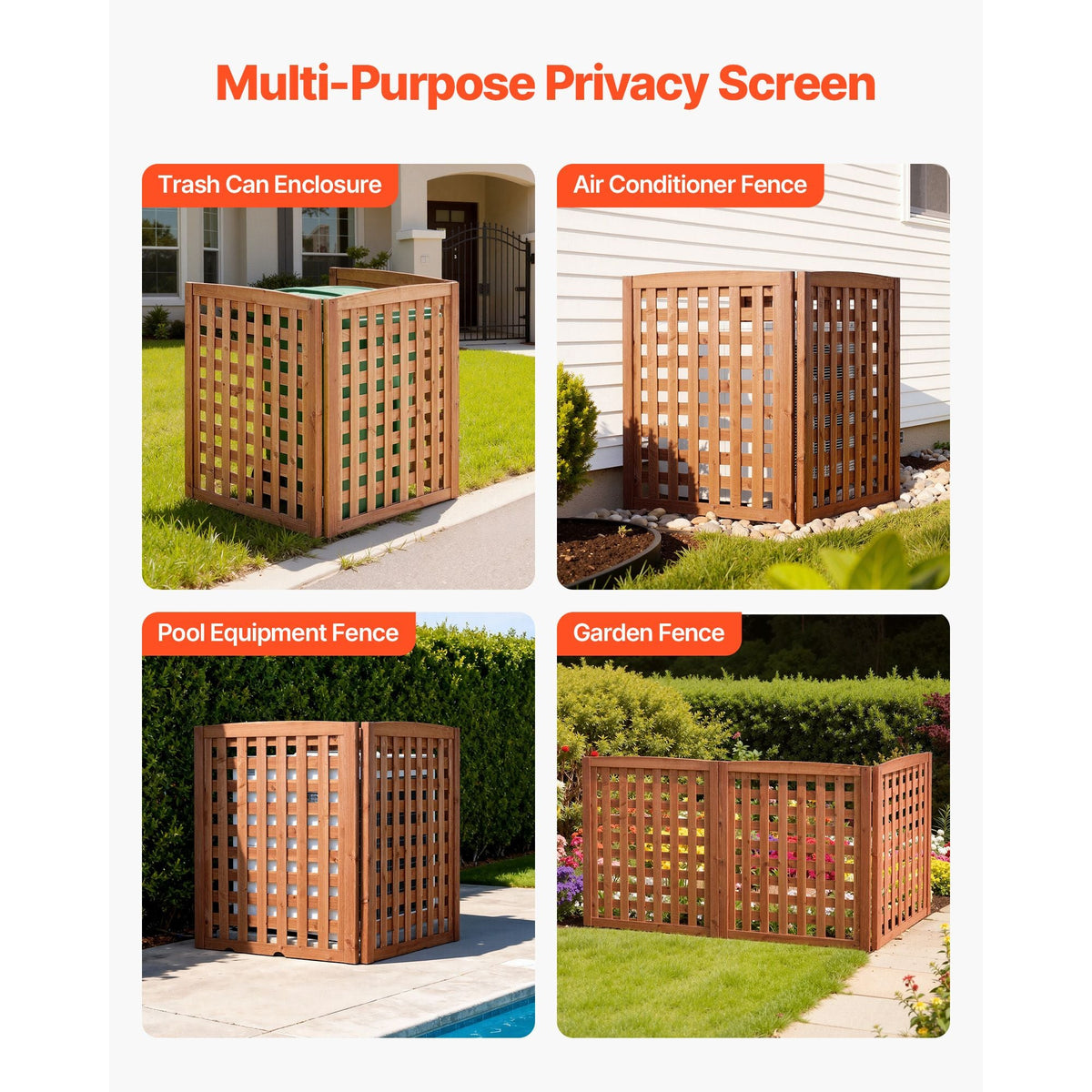 Wooden Privacy Fence, 32 x 38 inch Air Conditioner Fence, 3 Panel Solid Outdoor Wood Privacy Screen with Adjustable Angle, Hinge-Reinforced Structure, Trash Can Hider Fences for Garden
