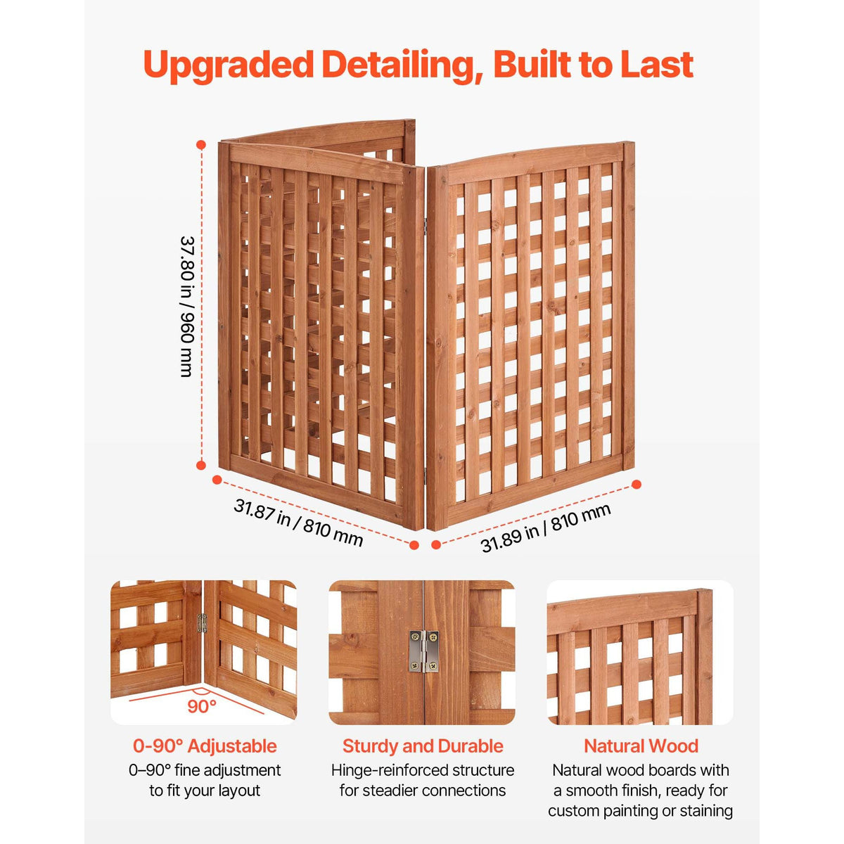 Wooden Privacy Fence, 32 x 38 inch Air Conditioner Fence, 3 Panel Solid Outdoor Wood Privacy Screen with Adjustable Angle, Hinge-Reinforced Structure, Trash Can Hider Fences for Garden