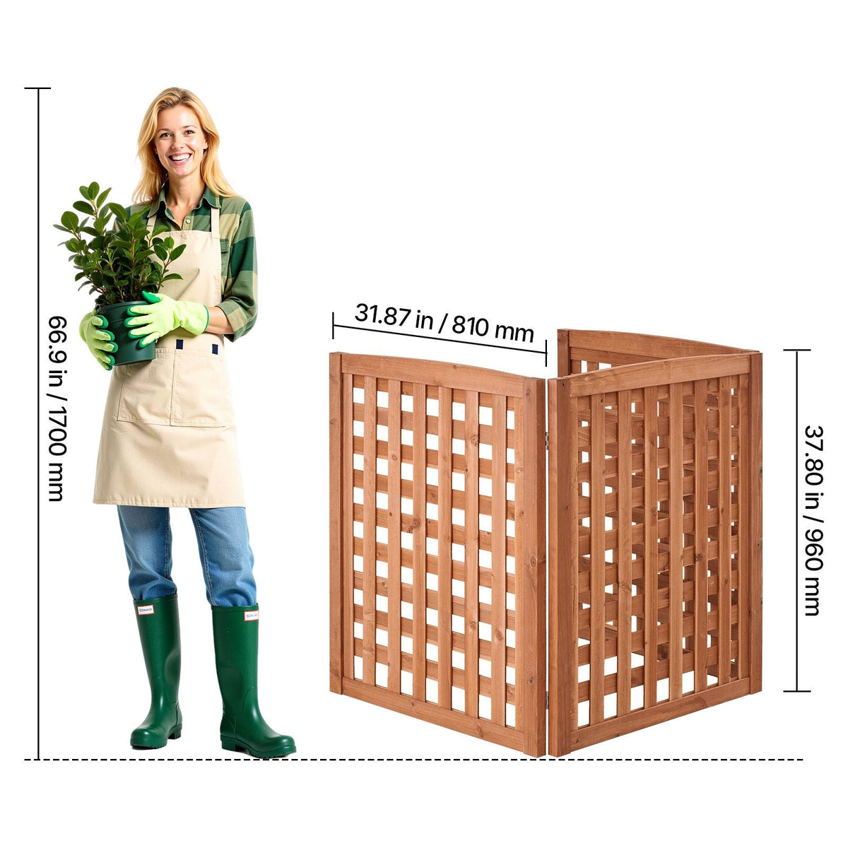 Wooden Privacy Fence, 32 x 38 inch Air Conditioner Fence, 3 Panel Solid Outdoor Wood Privacy Screen with Adjustable Angle, Hinge-Reinforced Structure, Trash Can Hider Fences for Garden