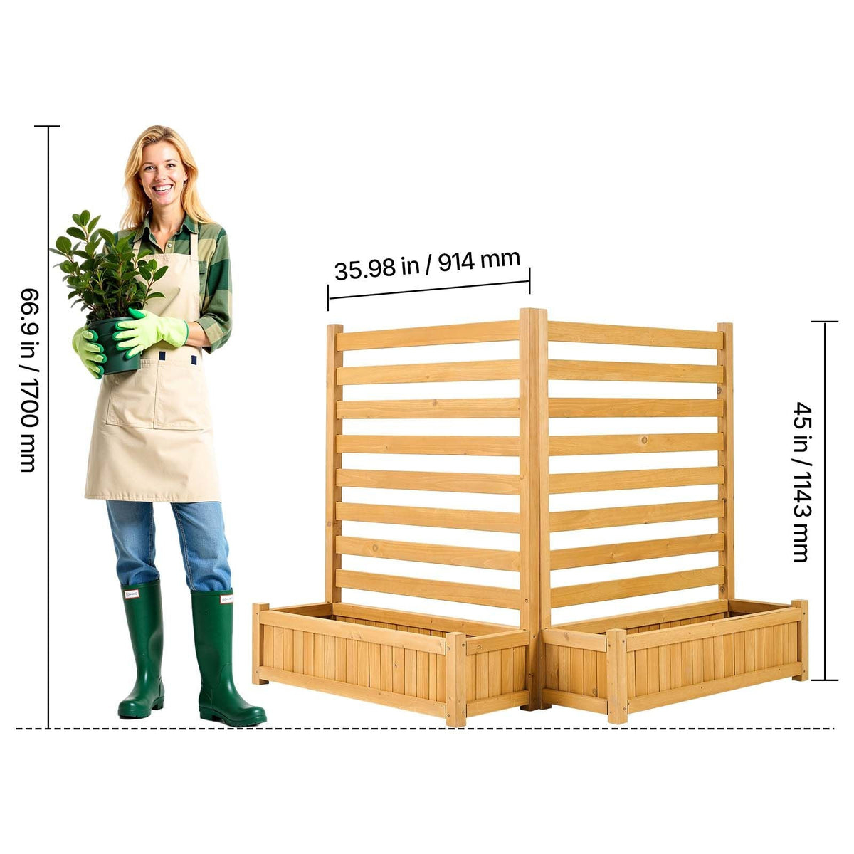 Wooden Privacy Fence, 36 x 45 inch Air Conditioner Fence, 2 Slatted Panel Solid Outdoor Wood Privacy Screen with 2 Planters, Metal Stakes, Trash Can Hider Fences Suitable for Garden, Pool