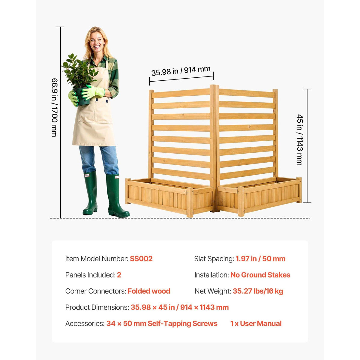 Wooden Privacy Fence, 36 x 45 inch Air Conditioner Fence, 2 Slatted Panel Solid Outdoor Wood Privacy Screen with 2 Planters, Metal Stakes, Trash Can Hider Fences Suitable for Garden, Pool