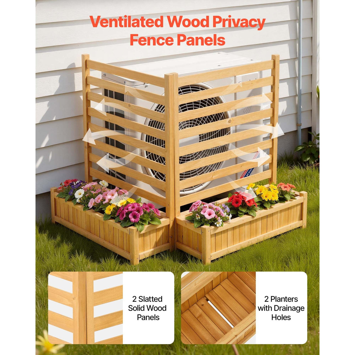 Wooden Privacy Fence, 36 x 45 inch Air Conditioner Fence, 2 Slatted Panel Solid Outdoor Wood Privacy Screen with 2 Planters, Metal Stakes, Trash Can Hider Fences Suitable for Garden, Pool