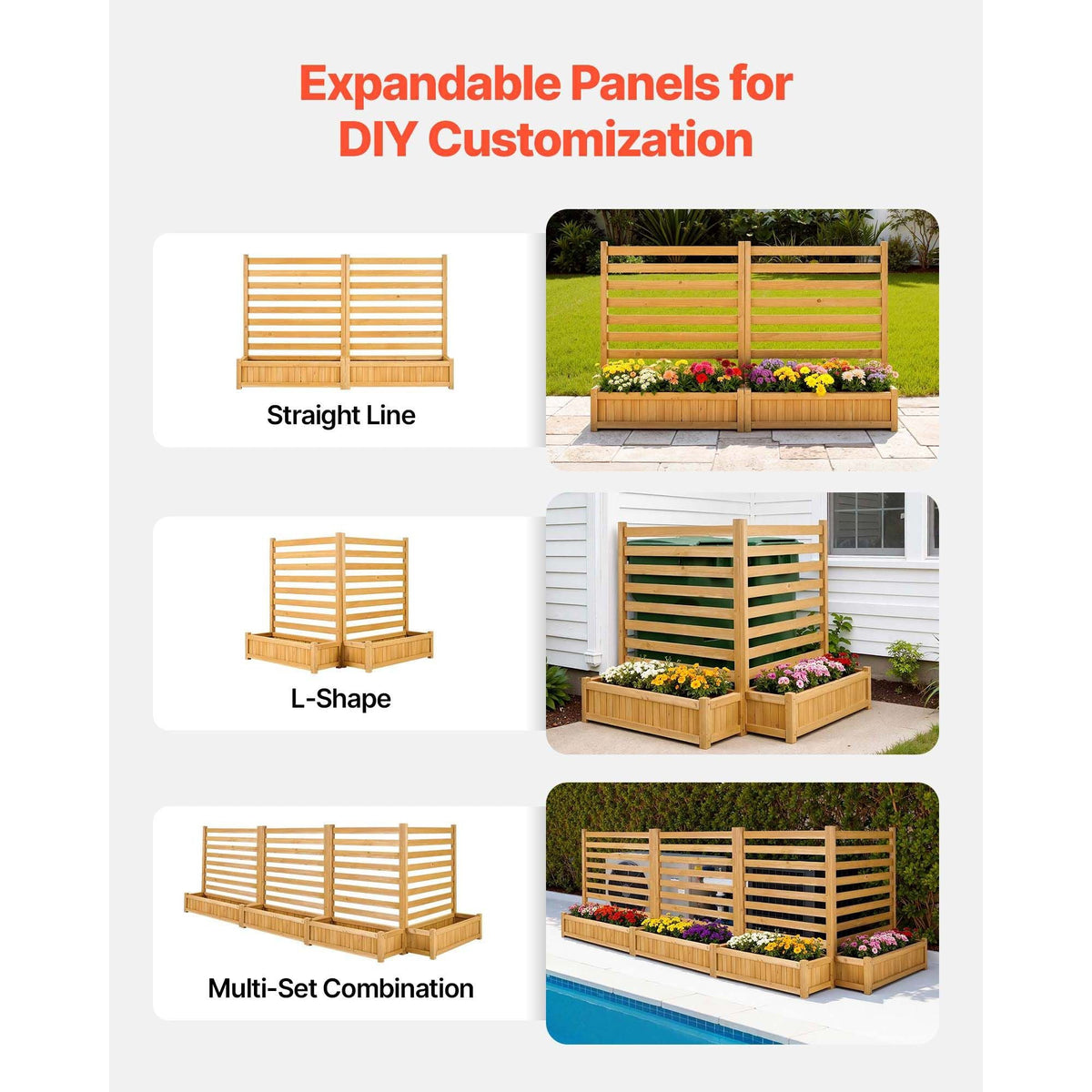 Wooden Privacy Fence, 36 x 45 inch Air Conditioner Fence, 2 Slatted Panel Solid Outdoor Wood Privacy Screen with 2 Planters, Metal Stakes, Trash Can Hider Fences Suitable for Garden, Pool