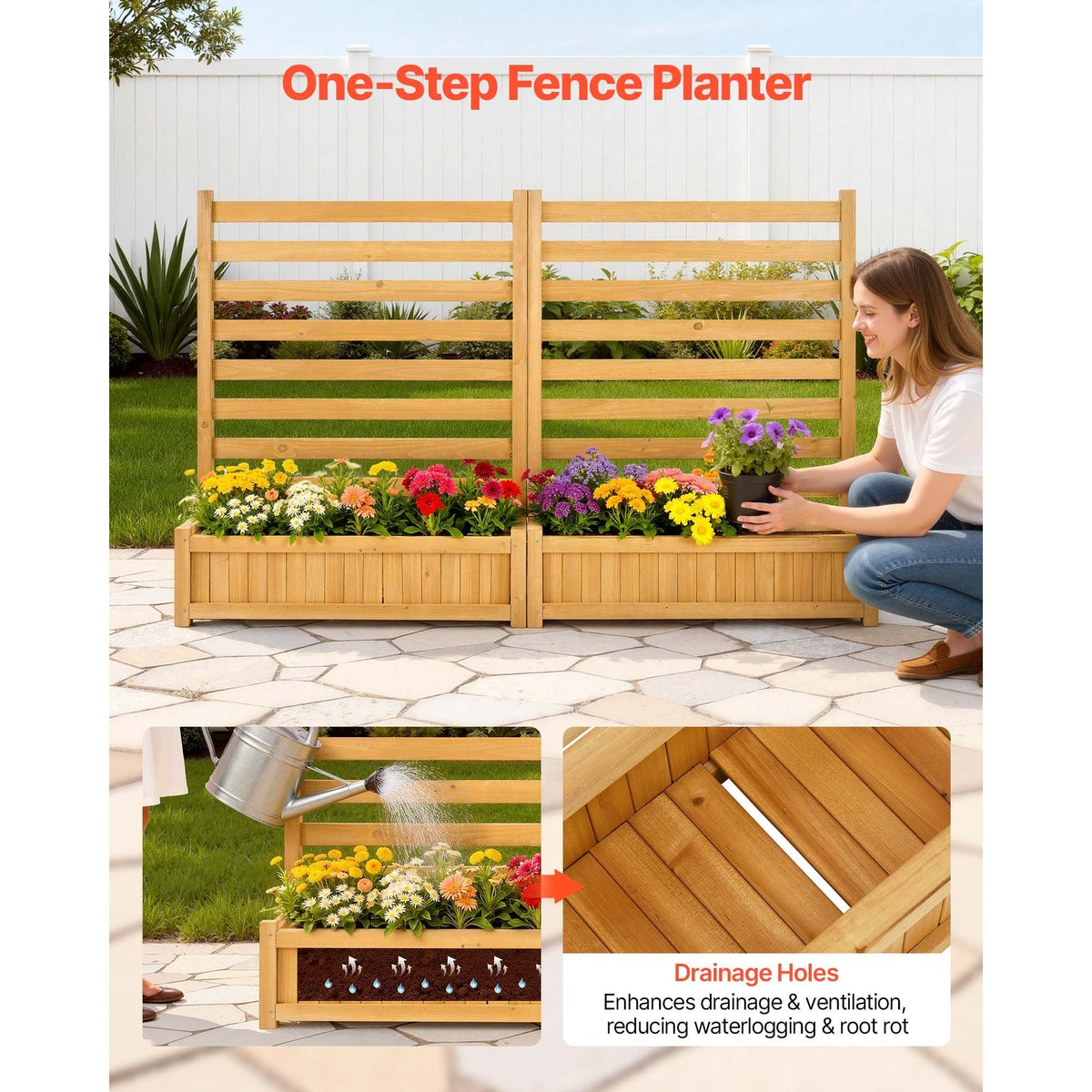 Wooden Privacy Fence, 36 x 45 inch Air Conditioner Fence, 2 Slatted Panel Solid Outdoor Wood Privacy Screen with 2 Planters, Metal Stakes, Trash Can Hider Fences Suitable for Garden, Pool