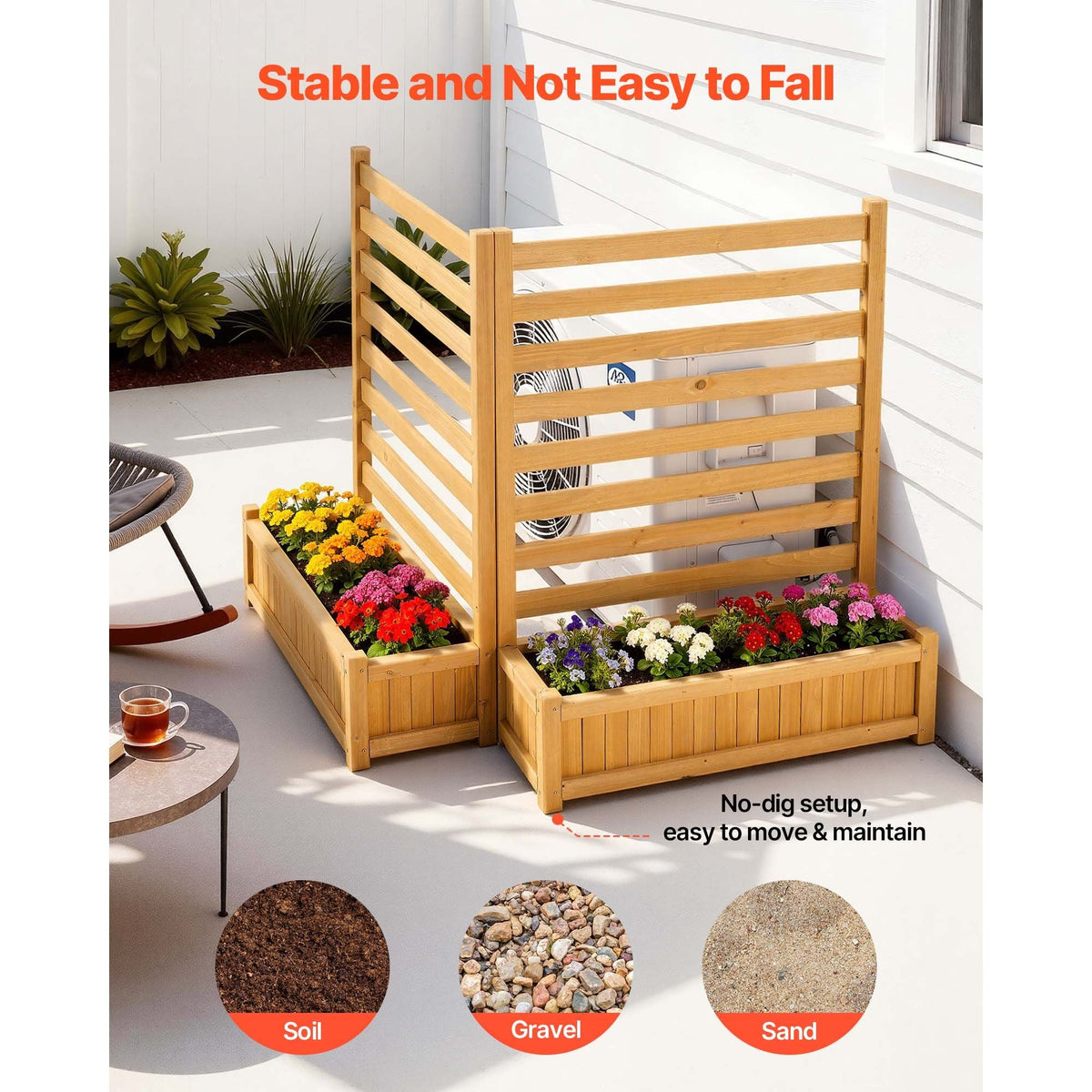 Wooden Privacy Fence, 36 x 45 inch Air Conditioner Fence, 2 Slatted Panel Solid Outdoor Wood Privacy Screen with 2 Planters, Metal Stakes, Trash Can Hider Fences Suitable for Garden, Pool