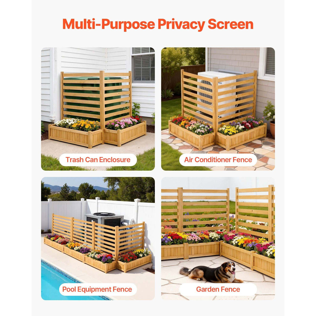 Wooden Privacy Fence, 36 x 45 inch Air Conditioner Fence, 2 Slatted Panel Solid Outdoor Wood Privacy Screen with 2 Planters, Metal Stakes, Trash Can Hider Fences Suitable for Garden, Pool