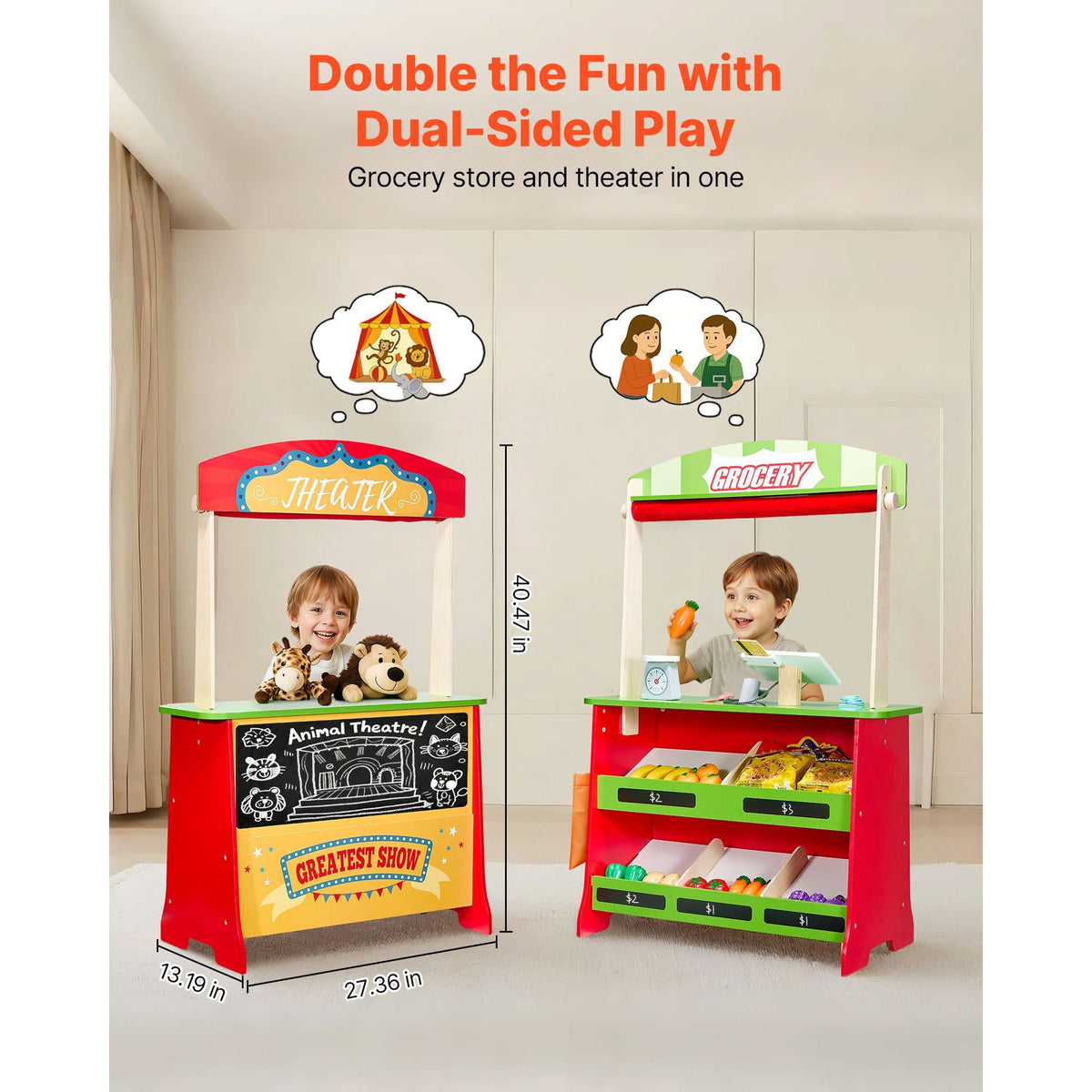 Wooden Puppet Theater with Curtains, 2-in-1 Reversible Play Store, Double-Sided Grocery Store Playset with Chalkboard & Cash Register, Kids Pretend Play Market Stand, Gift for Boys & Girls