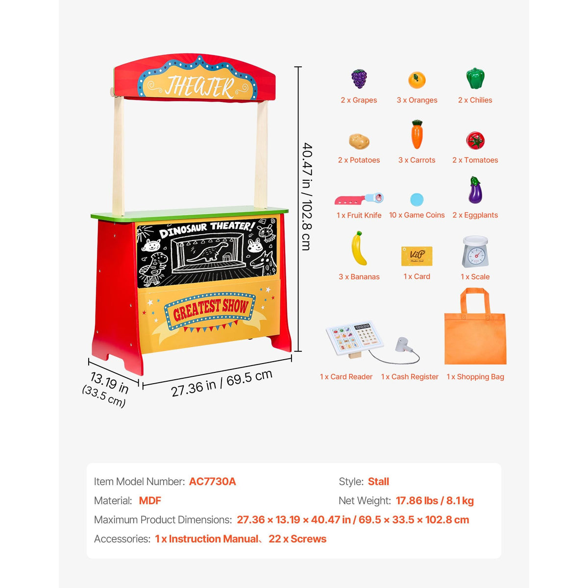 Wooden Puppet Theater with Curtains, 2-in-1 Reversible Play Store, Double-Sided Grocery Store Playset with Chalkboard & Cash Register, Kids Pretend Play Market Stand, Gift for Boys & Girls