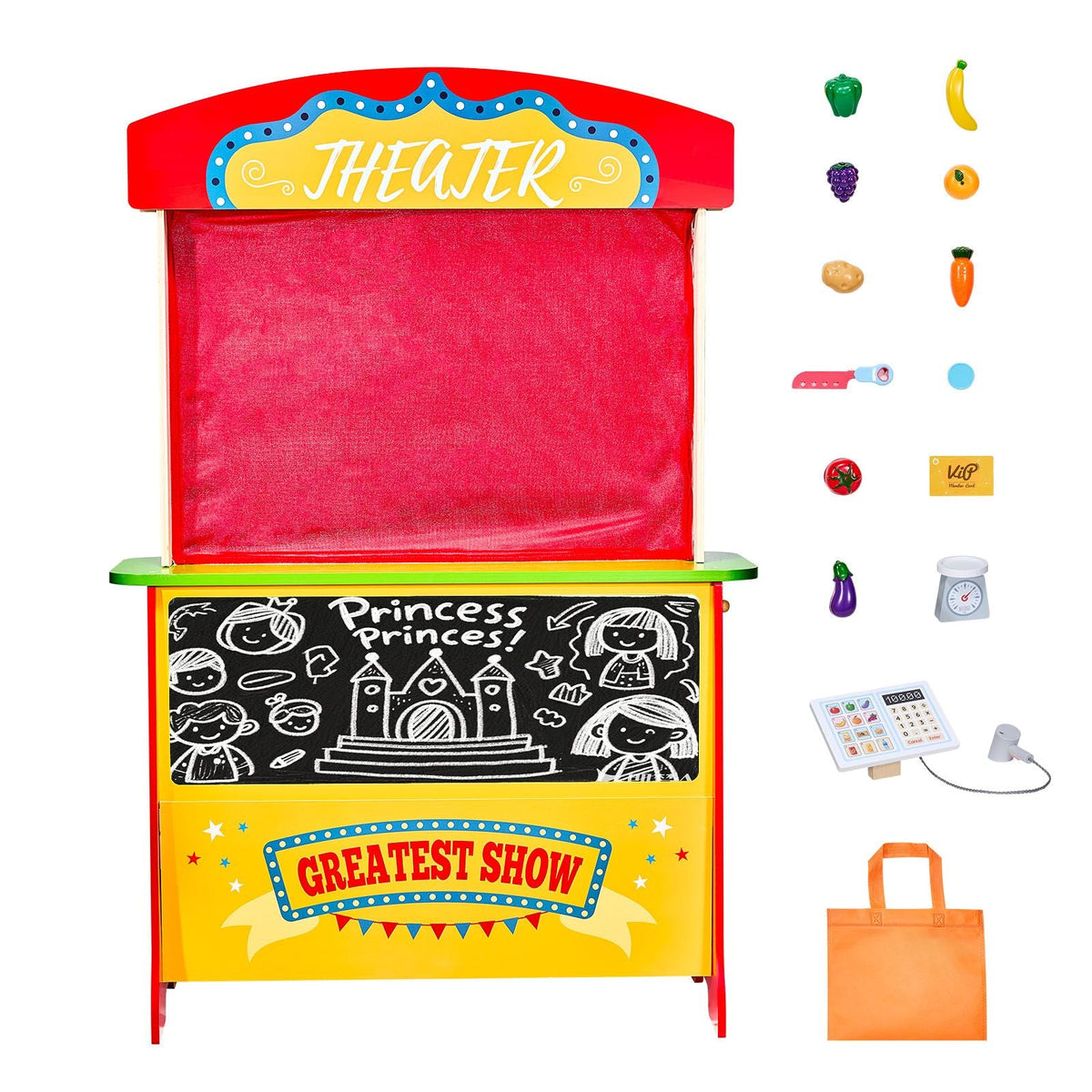 Wooden Puppet Theater with Curtains, 2-in-1 Reversible Play Store, Double-Sided Grocery Store Playset with Chalkboard & Cash Register, Kids Pretend Play Market Stand, Gift for Boys & Girls