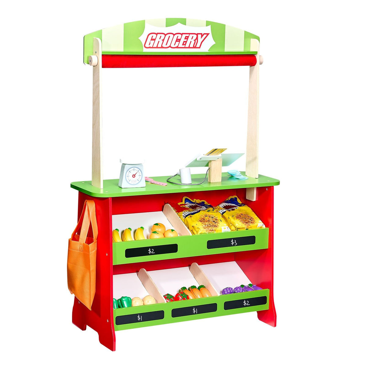 Wooden Puppet Theater with Curtains, 2-in-1 Reversible Play Store, Double-Sided Grocery Store Playset with Chalkboard & Cash Register, Kids Pretend Play Market Stand, Gift for Boys & Girls