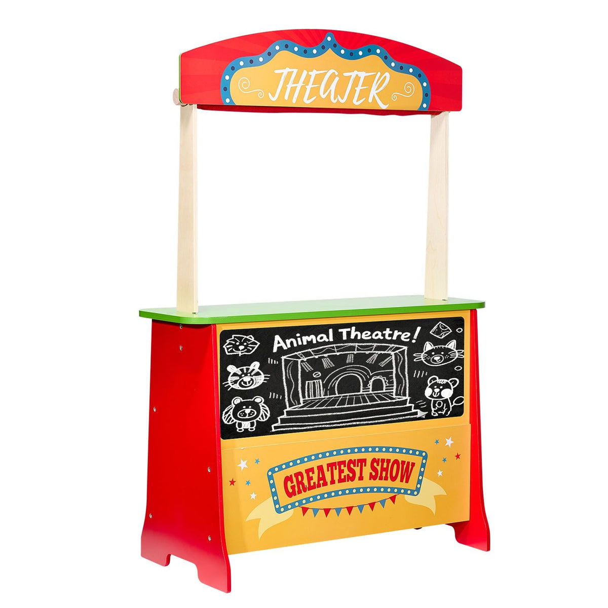Wooden Puppet Theater with Curtains, 2-in-1 Reversible Play Store, Double-Sided Grocery Store Playset with Chalkboard & Cash Register, Kids Pretend Play Market Stand, Gift for Boys & Girls