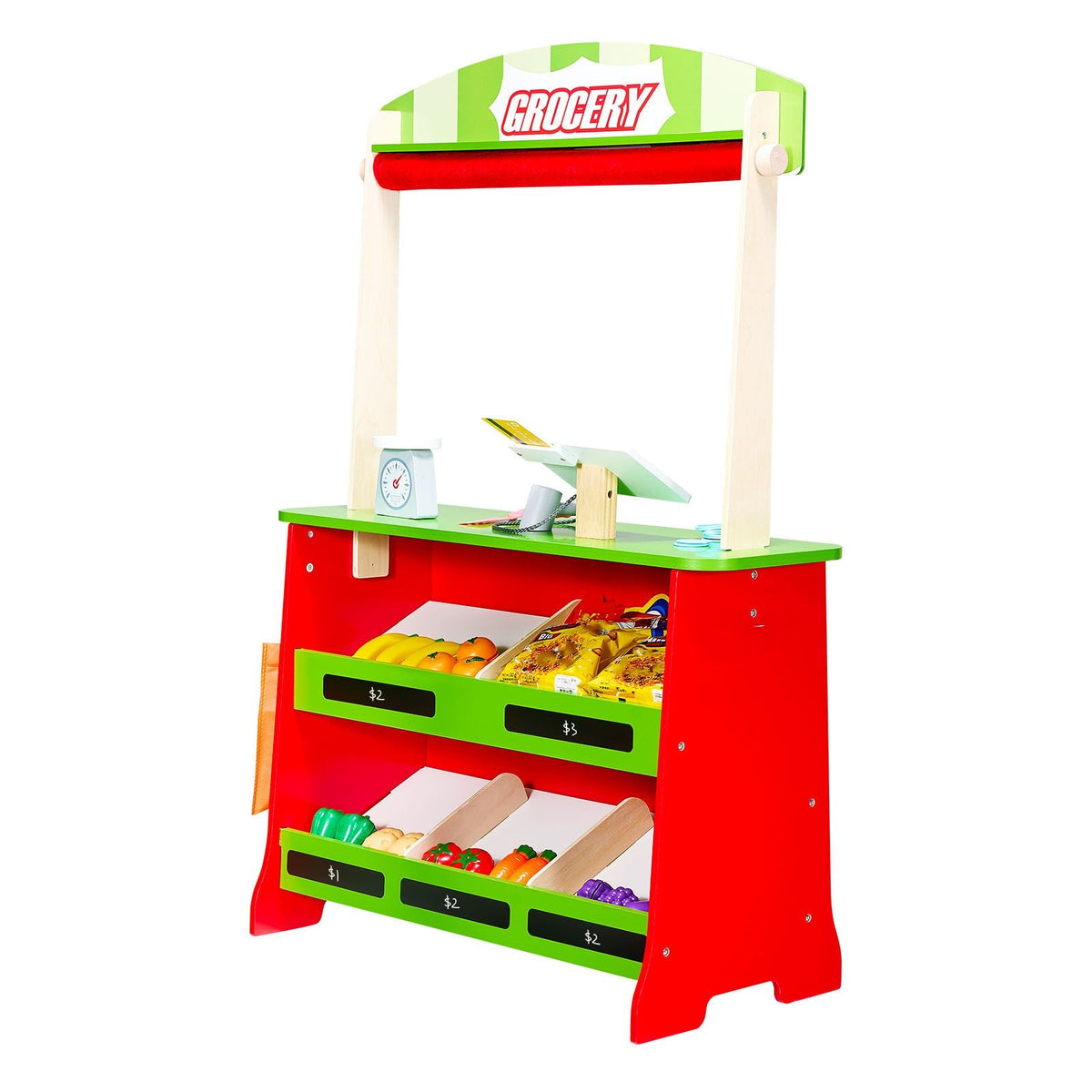 Wooden Puppet Theater with Curtains, 2-in-1 Reversible Play Store, Double-Sided Grocery Store Playset with Chalkboard & Cash Register, Kids Pretend Play Market Stand, Gift for Boys & Girls