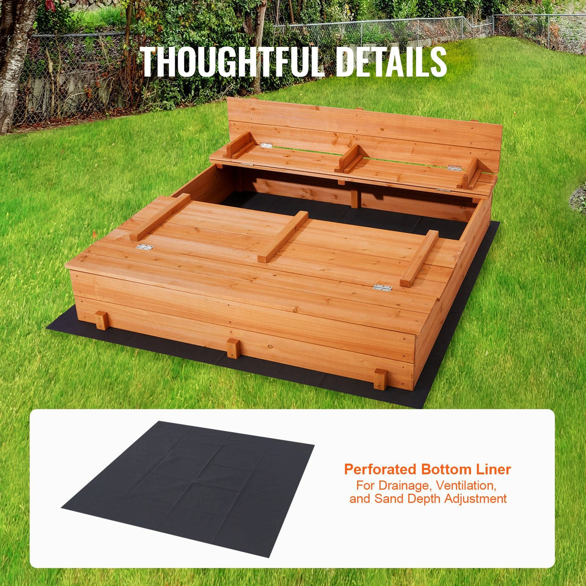 Wooden Sandbox, 52.4 x 47.2 x 16.9 in Sand Box, Sand Pit with Foldable Bench Seats and Bottom Liner, Natural Wood Kids Sandbox for Outdoor Backyard, Beach, Park, Gift for Boys Girls Ages 3-12